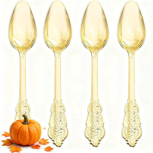 WDF 100 Piece Gold Plastic Spoons Disposable - 6.93 Inch Baroque Gold Spoons Plastic Silverware for Dessert Cake - Heavy Duty for Thanksgiving Party, Wedding or Daily Using