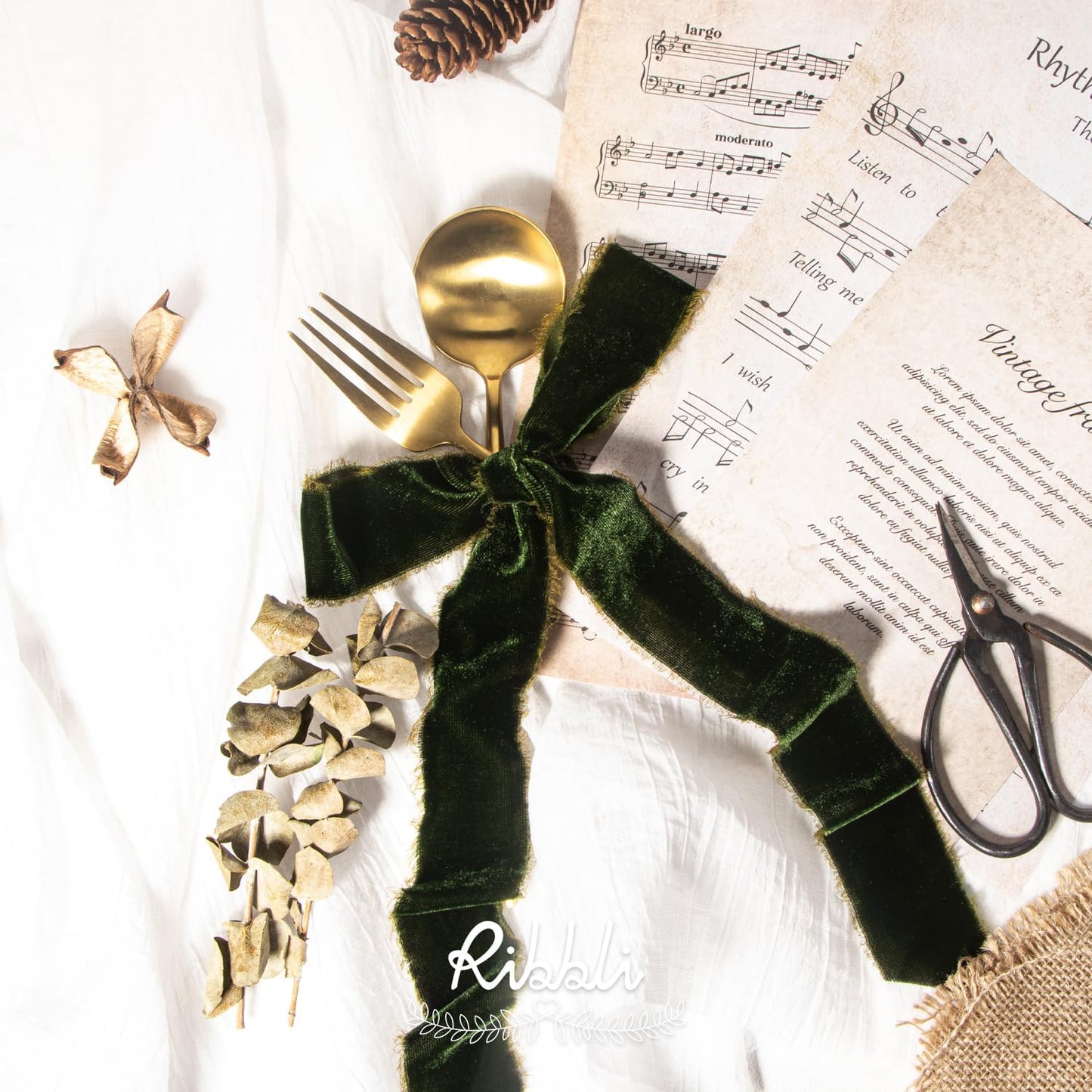 Ribbli Dark Moss Velvet Ribbon 1.5 Inch Handmade Frayed Vintage Christmas Ribbon for Gift Wrapping Christmas Tree Ornament Wreath Craft Home Decor -Total 3 Yards with Wooden Spool