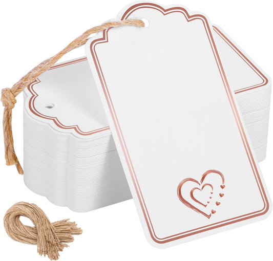 120 PCS Gift Tags with String Attached Foil Rose Gold Heart Paper Tags Writable Blank Tag for Gift Bags Wedding Baby Shower Birthday Presents Labeling DIY Craft Project Stocking Stuffers 3.5''×2''