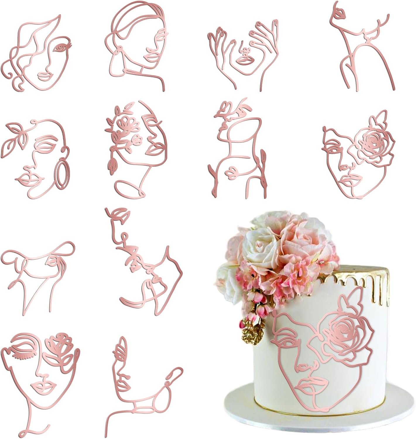 12 Pcs Acrylic Lady Face Cake Topper Minimalist Art Happy Birthday Cake Toppers Women Wedding Cake Decoration for Wedding Birthday Party (Rose gold)