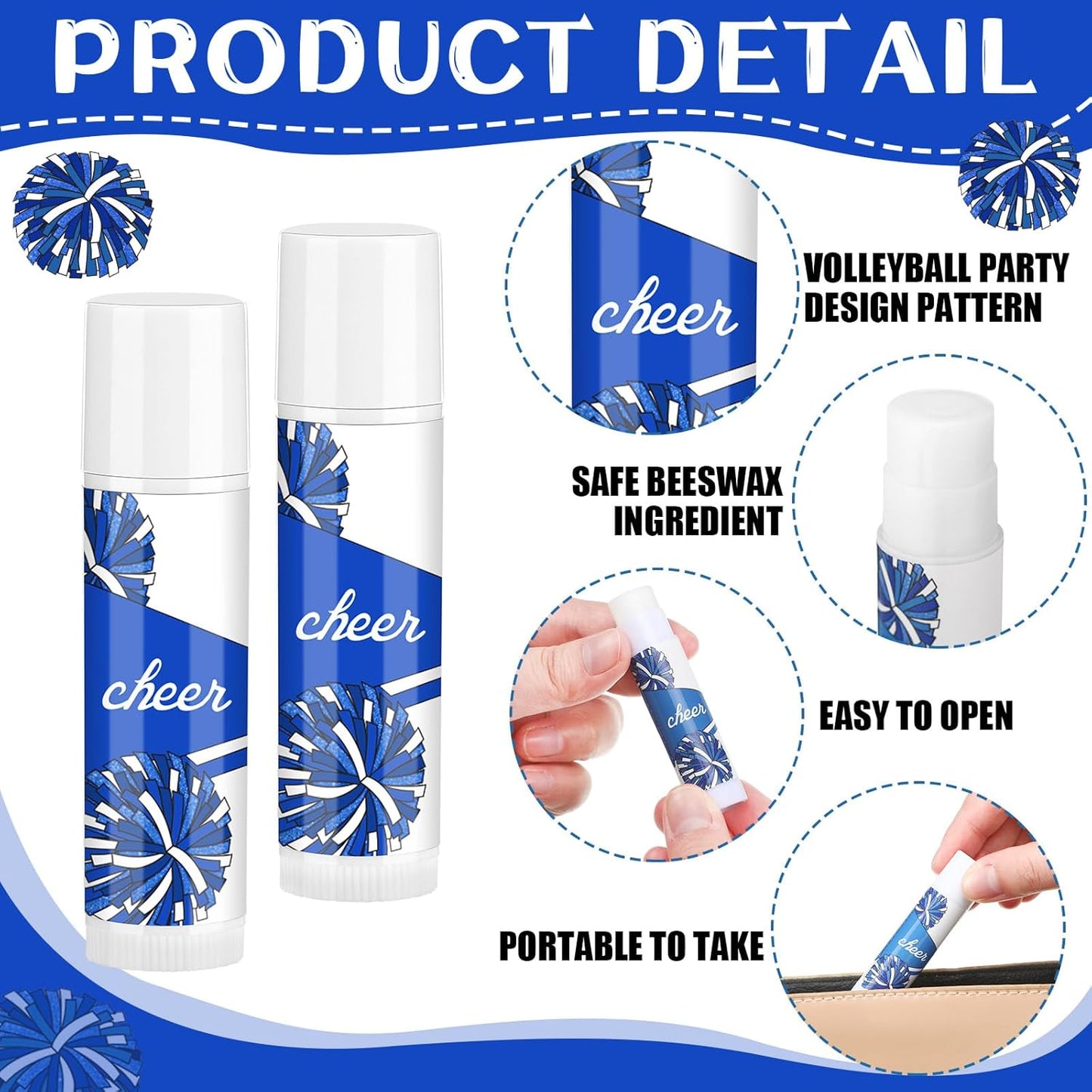 24 Pcs Cheer Lip Balm Cheer Teams Camp Gifts Pom Pom Leaders Party Favors Gear Lip Balm Mom Gift for Competitive Party Guest Supplies(Blue and White)