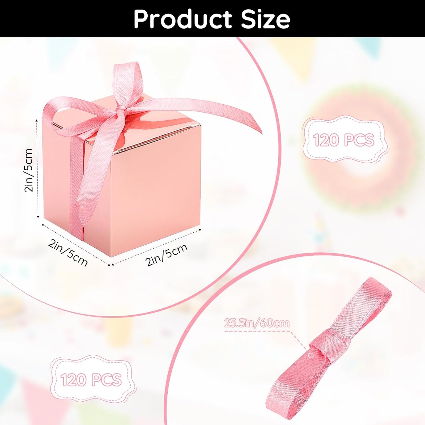 EUSOAR Candy Boxes Party Favors, 120pcs 2x2x2 Inches Mini Boxes Candy Box with Ribbons, Square Bakery Cookies Box Paper Chocolate Containers for Wedding Anniversary Bridal Party Favor Decoration