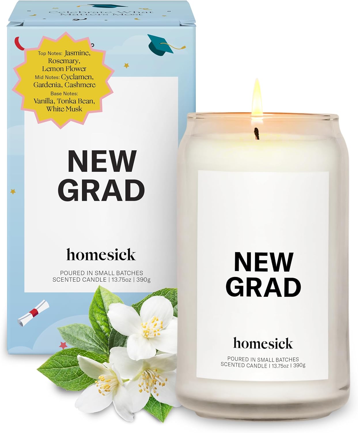 Homesick Scented Candles for Home (New Grad) - 13.75 oz Long-Lasting Soy Wax Jar Candle for Women & Men for All Occasions, 60-80 Hours Burn Time - Notes of Jasmine, Rosemary, Gardenia & Vanilla