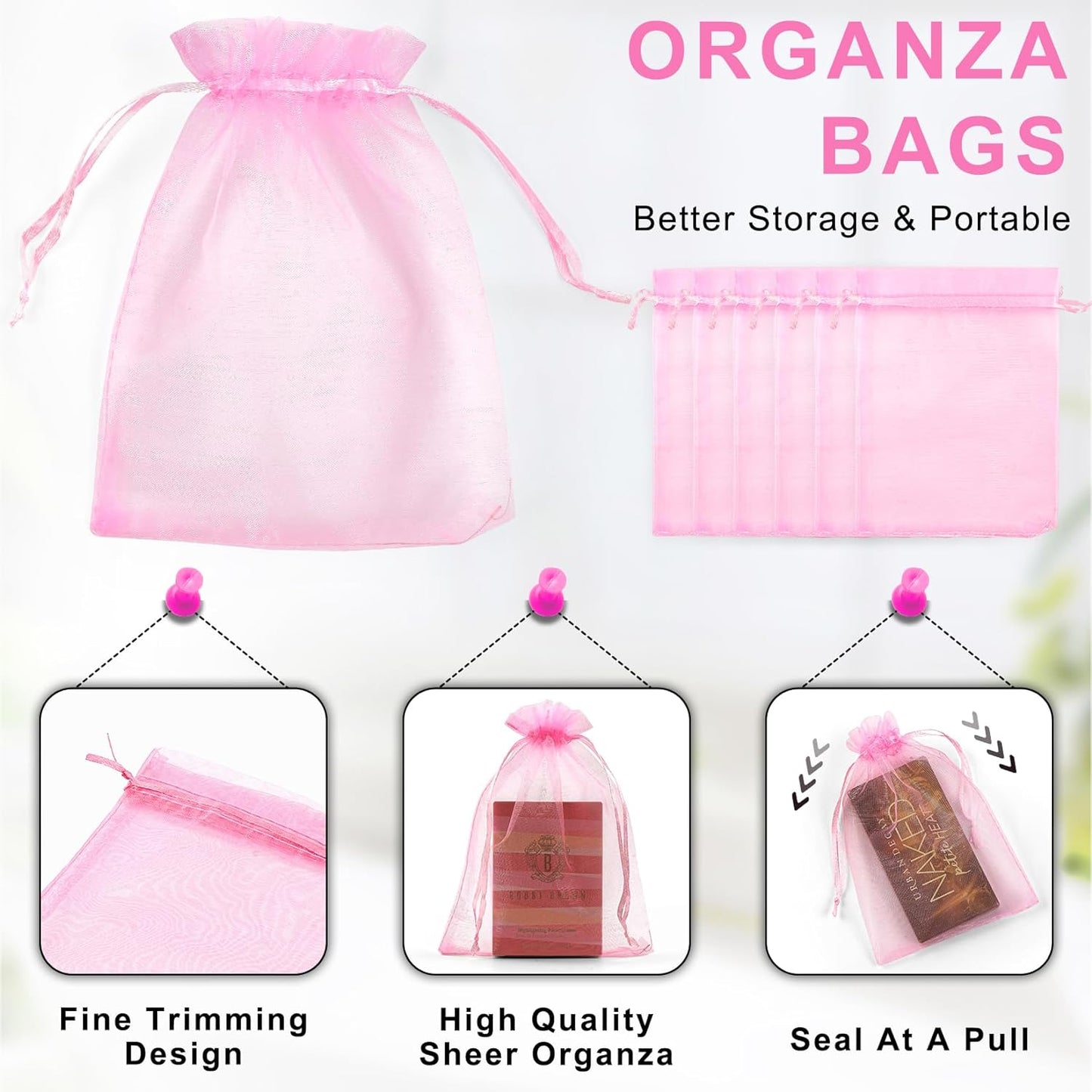 ANZNKU 50 Pack Organza Bags 4 x 6 inch Premium Sheer Drawstring Organza Bags for Candy Jewelry Party Wedding Christmas Favor Gift Bag (Pink)