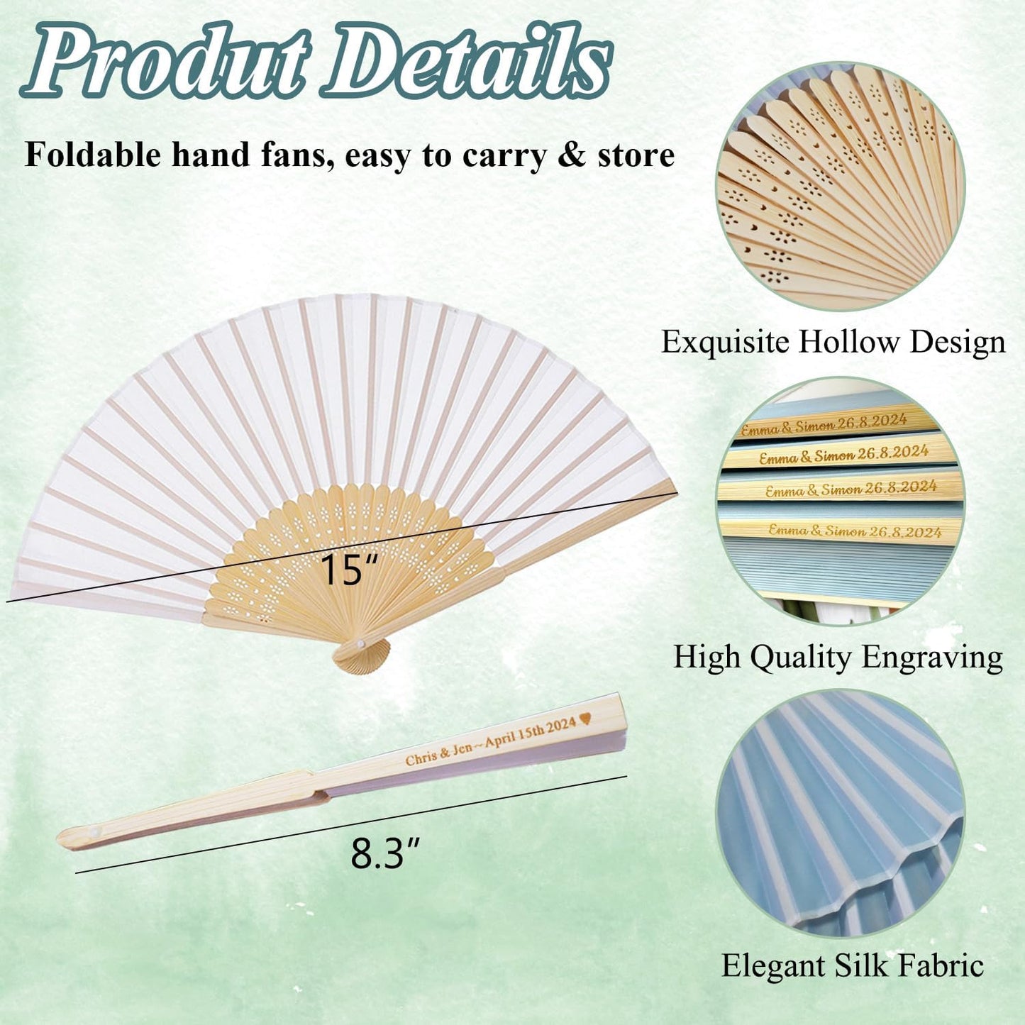 20 Pcs Personalized Light Blue Folding Hand Fans, Summer Wedding Fans, Personal Handheld Folding Fans Wedding Favors, Custom Imitated Silk-Bamboo Fans for Guests