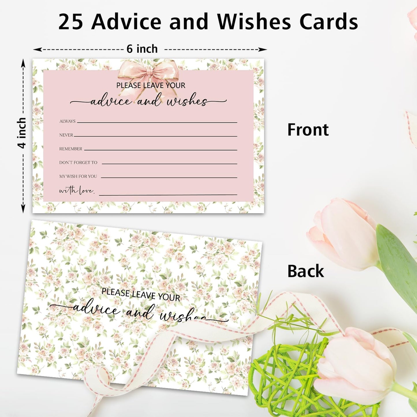 Pink Bow Advice and Wishes Card, Flower Advice Cards for The Bride and Groom, Bridal Shower,Wedding or Baby Shower, Birthday, Graduation, Retirement, Guestbook - 25 Cards -11