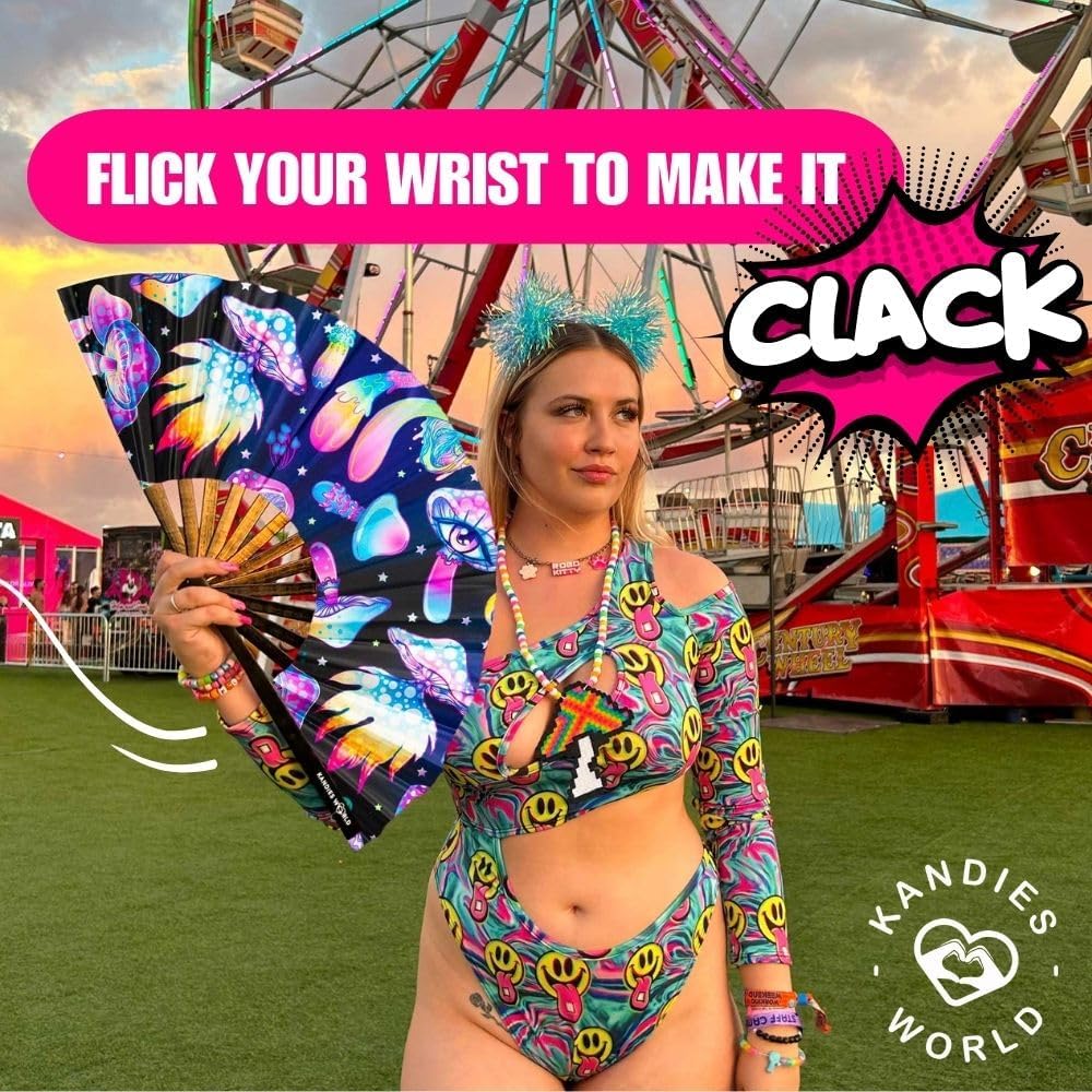 Kandies World UV Reactive Custom Festival Folding Hand Fan - Unique Designs, Made of Bamboo, Clacking Sound, Lightweight - Perfect Rave and Festival Accessory!