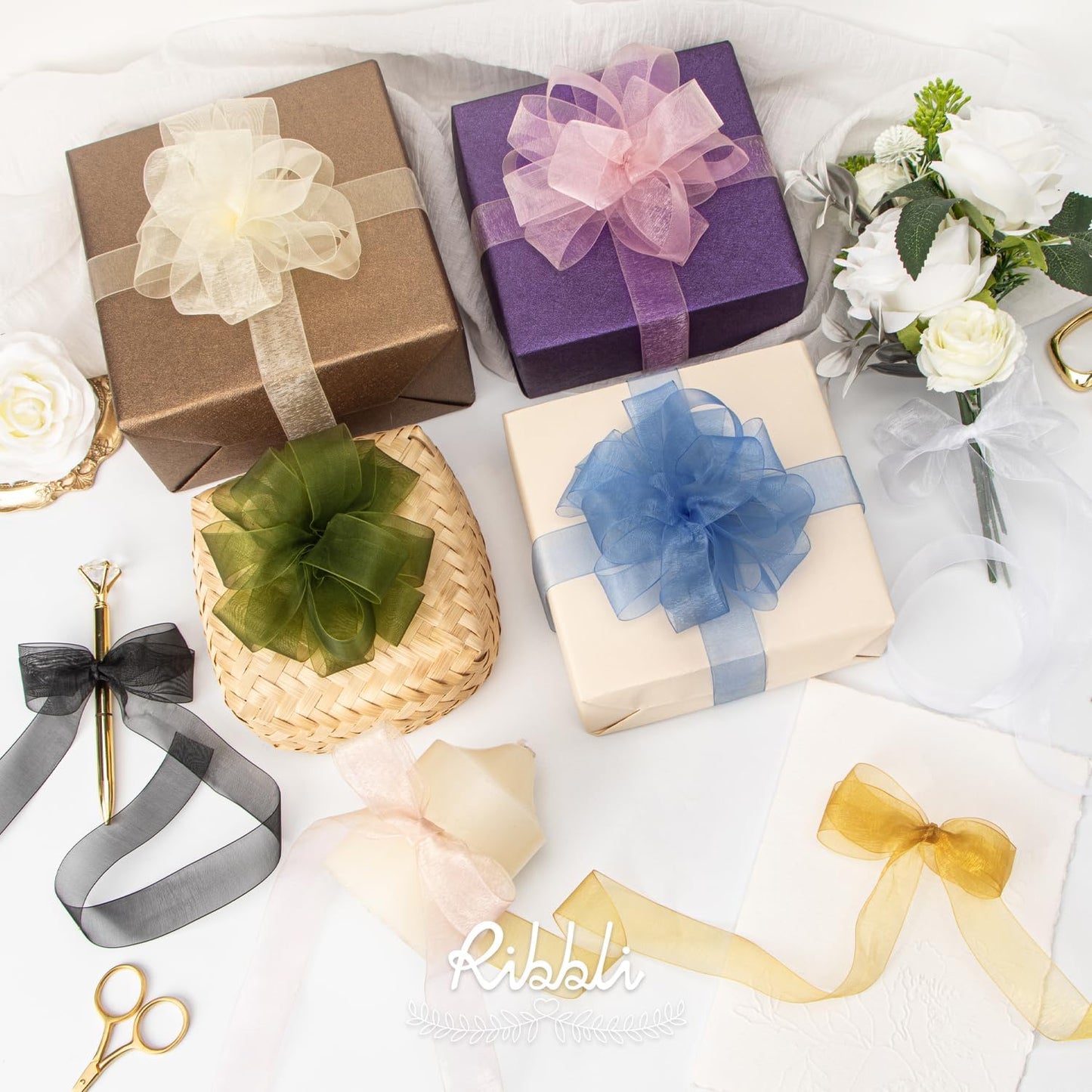 Ribbli Dusty Blue Organza Ribbon 1 Inches x Continuous 50 Yard Blue Sheer Ribbon for Gift Wrapping,Cookie Wrapping,Wedding Decoration