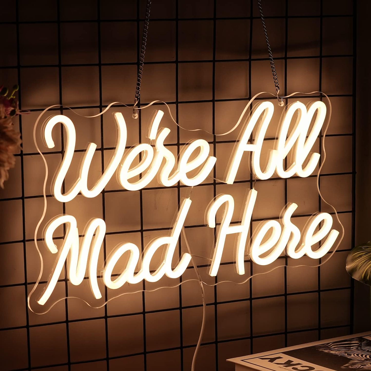 We Are All Mad Here Neon Sign Letter LED Neon Lights Dimmable USB Powered 16.5’’X9.4’’Cool Wall Decorative Light Bedroom Bar Birthday Party Decoration Gifts （Warm White）