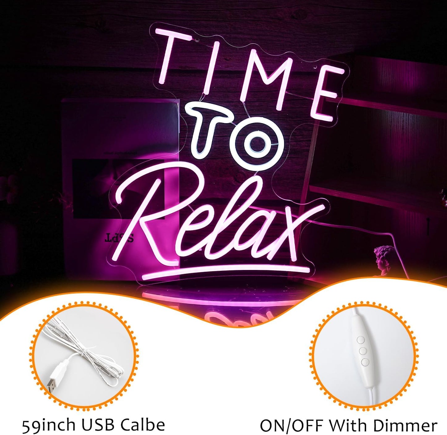 Time To Relax Neon Sign Pink White Letter Led Neon Lights Wall Decor Dimmable Relax Light Up Signs USB Powered with Switch Neon Signs for Spa Massage Bedroom Decor Bar Party Wedding