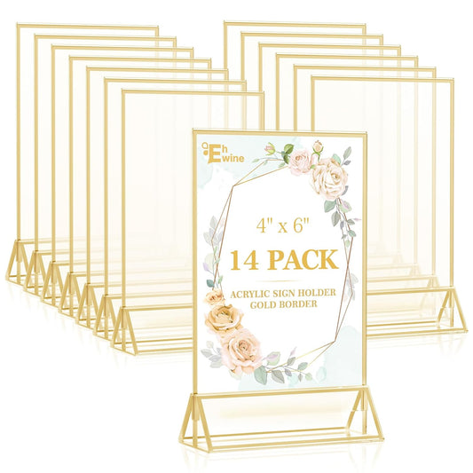 EHWINE 14 Pack 4×6 Clear Acrylic Sign Holder with Gold Borders and Vertical Stand, Double Sided Table Menu Holders Picture Frames for Wedding Table Numbers, Restaurant Signs, Photos and Art Display