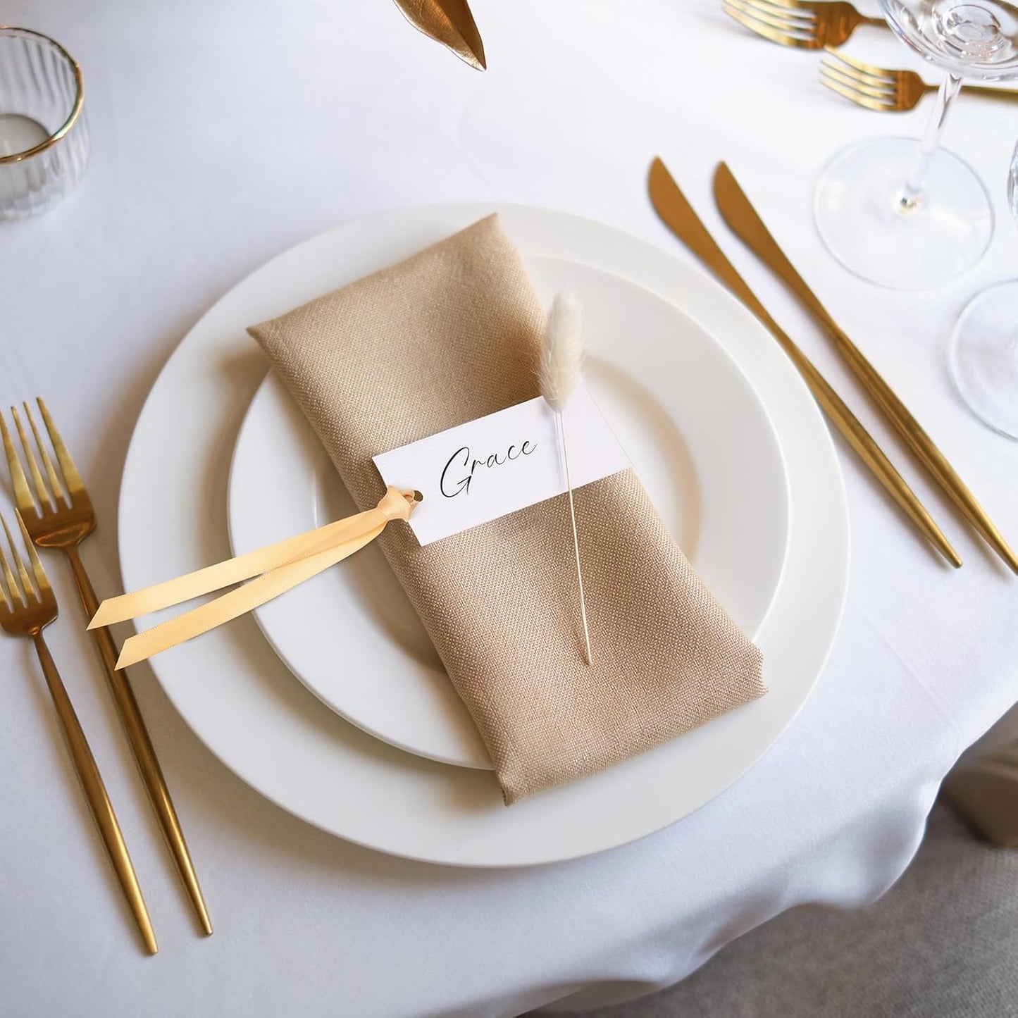 50 Pcs Name Place Cards for Table Setting Blank Wedding Place Cards with Satin Ribbon 1.57 x 3.54 Inch Hanging Gift Tags for Wedding Dinner Banquet Party Table Setting Supplies(Gold)