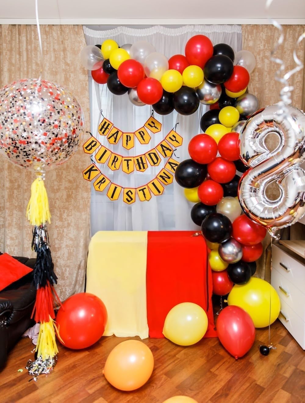 Orange Red Yellow Black Balloons, 12 Inch Colorful Latex Balloons with Black Yellow Confetti Balloon, for Race Car Construction Birthday Baby Shower Carnival Party Decorations