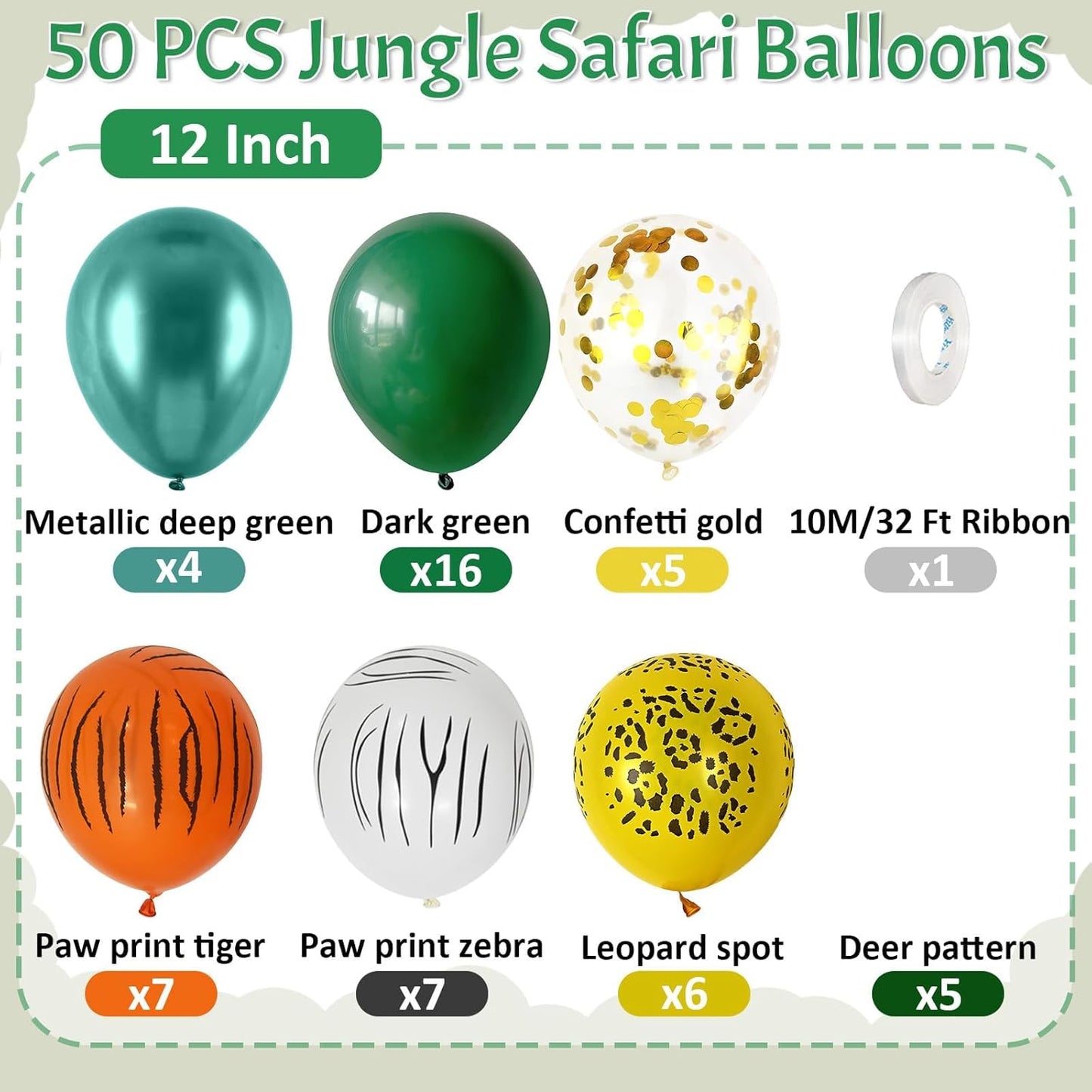 Jungle Safari Balloons, 50 Pcs Animal Print Balloons, 12 Inch Dark Metallic Green Gold Confetti Deer Paw Print Tiger Zebra Leopard Balloons for Birthday Baby Shower Jungle Safari Party Decorations