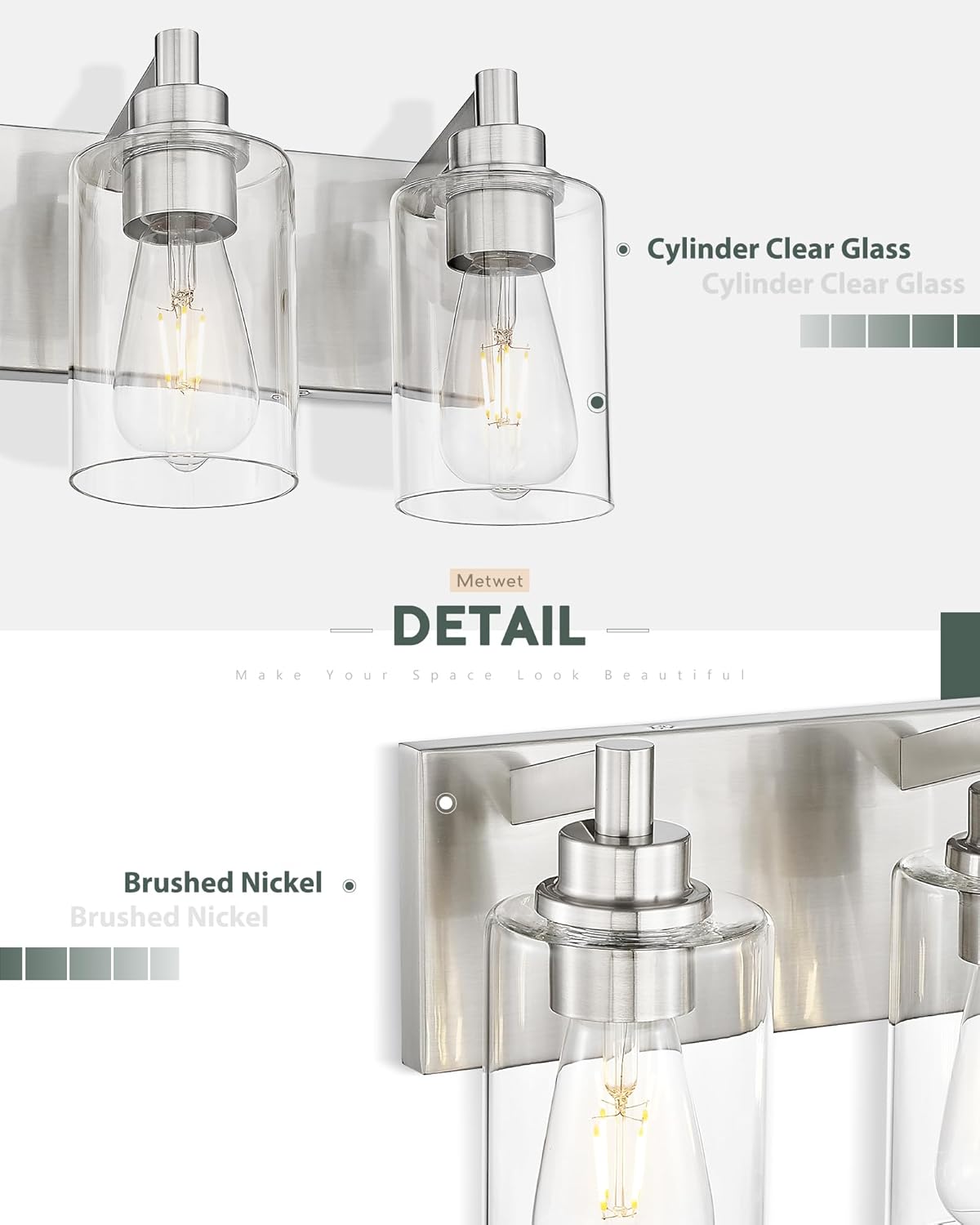 3-Light Bathroom Light Fixtures, Brushed Nickel Vanity Light with Cylinder Clear Glass Shade, Modern Vanity Lighting Fixtures Over Mirror, VL143-BN-3