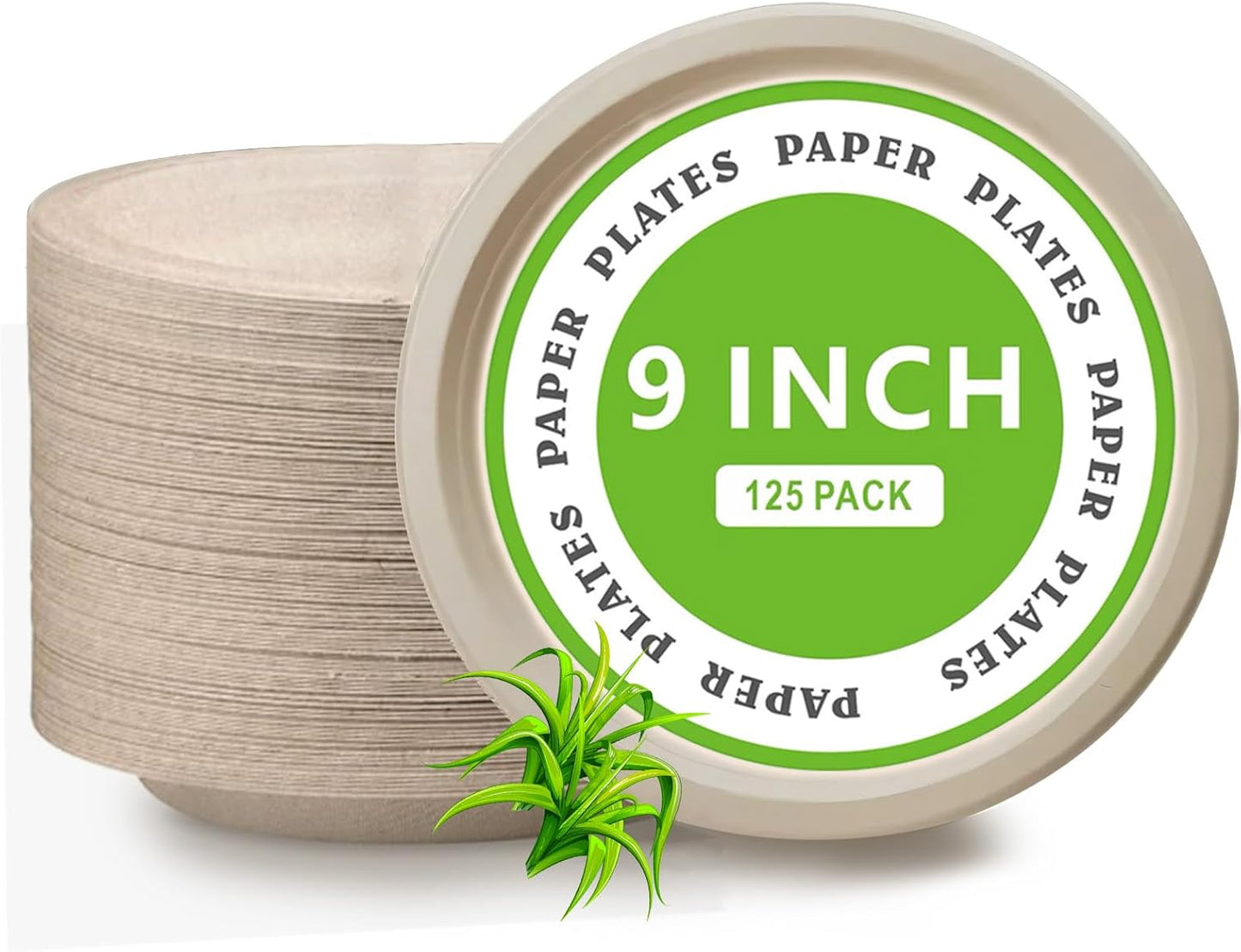 Disposable Paper Plates, 9 inch Heavy Duty Paper Plate, Soak and Cut Proof, Natural Biodegradable Bagasse Plates for Microwave, Dinner, Party, Picnic,125 Pack