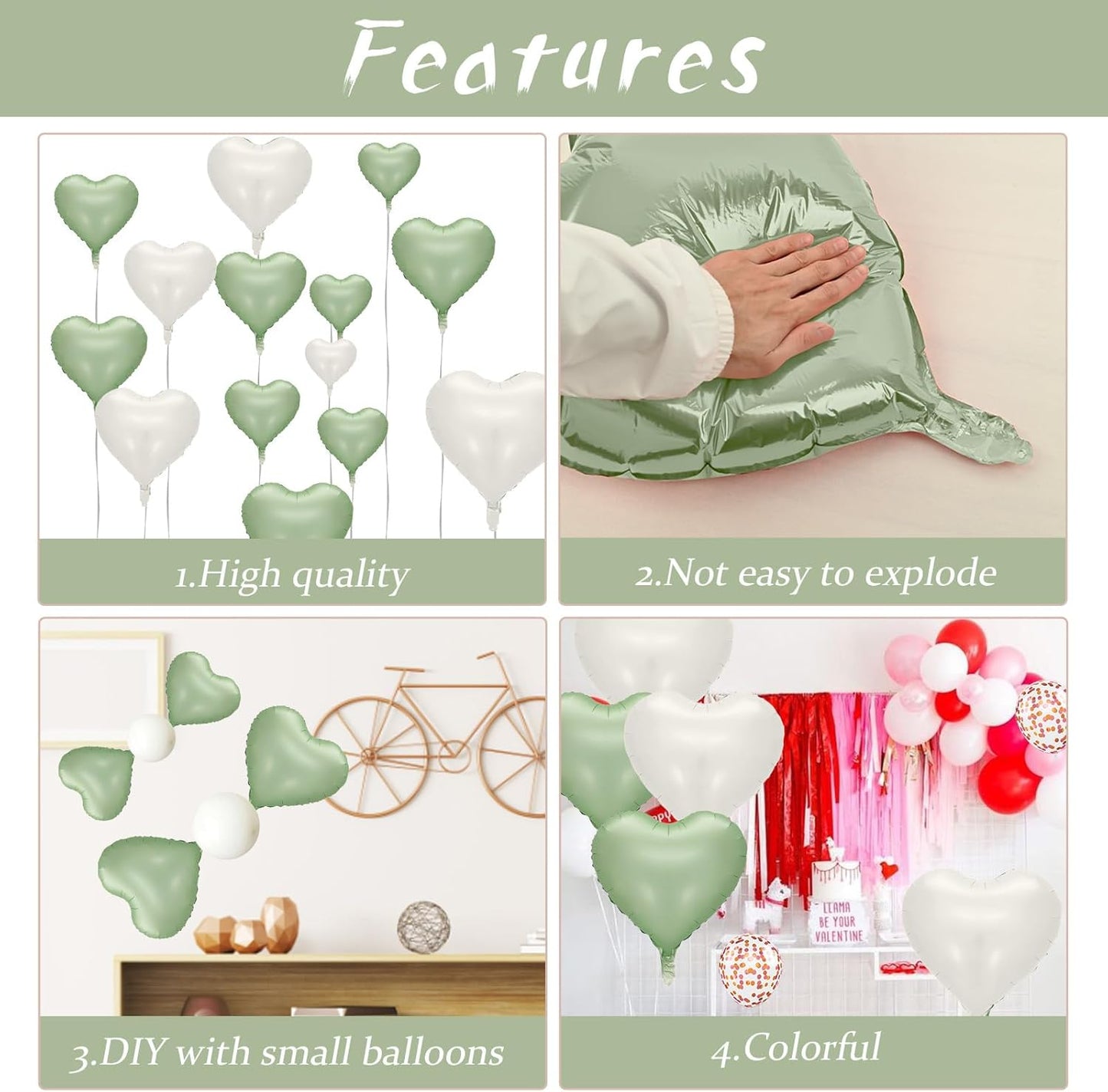 Sage Green White Heart Balloons, 10PCS Green Beige Foil Heart Balloons, 18inch Olive Green Cream White Heart Shape Balloons for Neutral Jungle Birthday Baby Shower Valentines Wedding Party Decorations