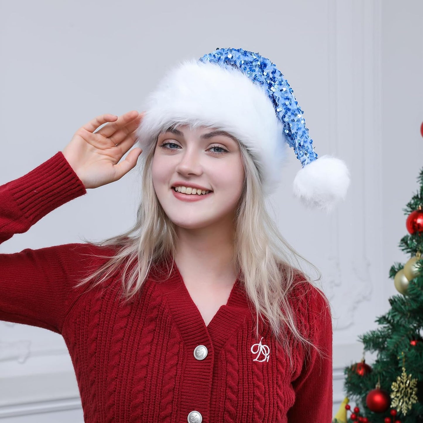 Personalized Sequin Santa Hat for Adults, Red Glitter Christmas Party Hat, Xmas Halloween New Year Holiday Headwear