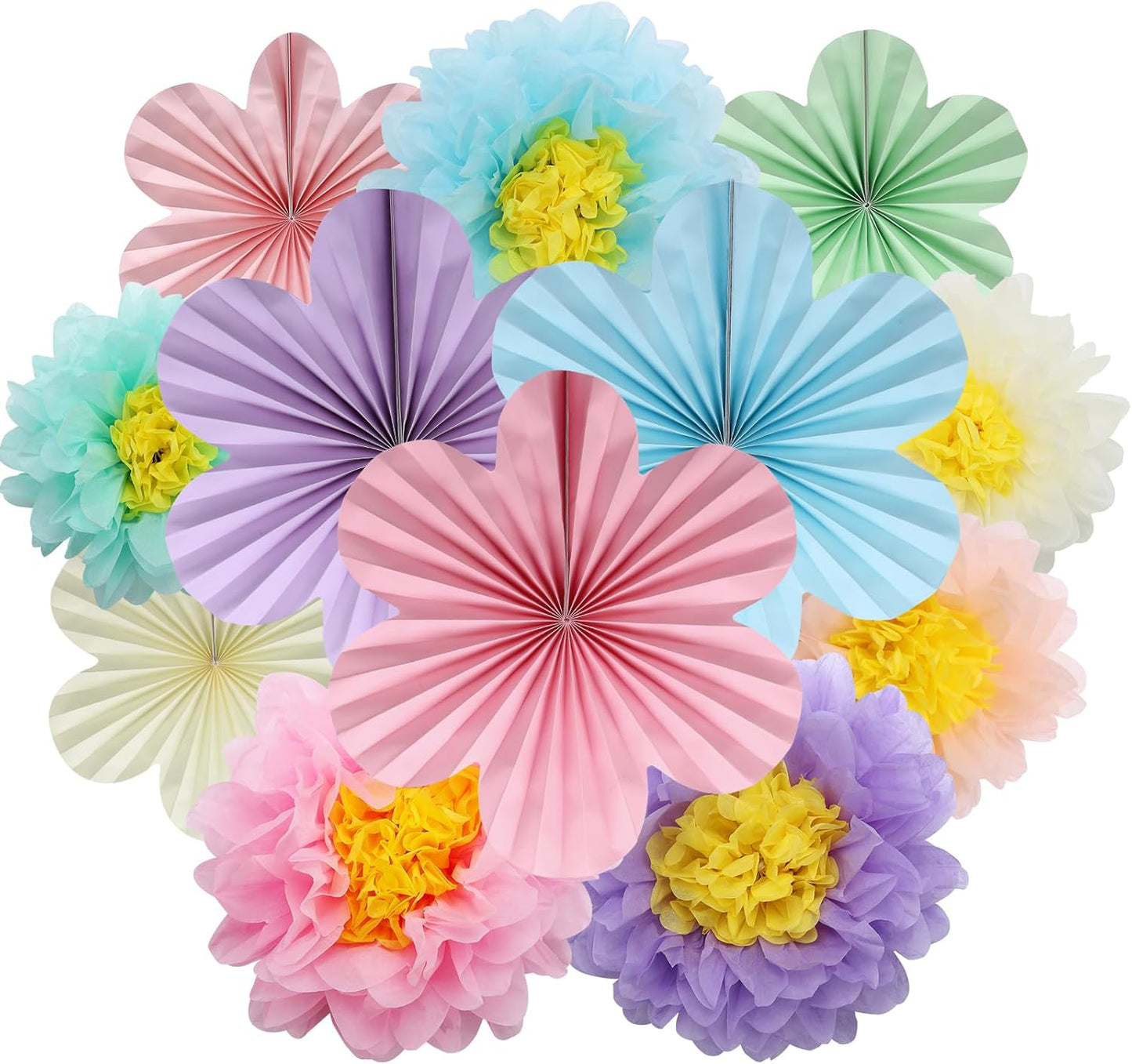 BestoFun 12PCS Paper Flowers Fans Pastel Party Decorations Tissue Paper Flowers Decorations for Girl Groovy Birthday Baby Shower Wedding Bachelorette Room Wall Hanging Décor