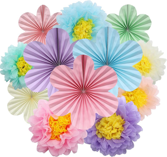 BestoFun 12PCS Paper Flowers Fans Pastel Party Decorations Tissue Paper Flowers Decorations for Girl Groovy Birthday Baby Shower Wedding Bachelorette Room Wall Hanging Décor
