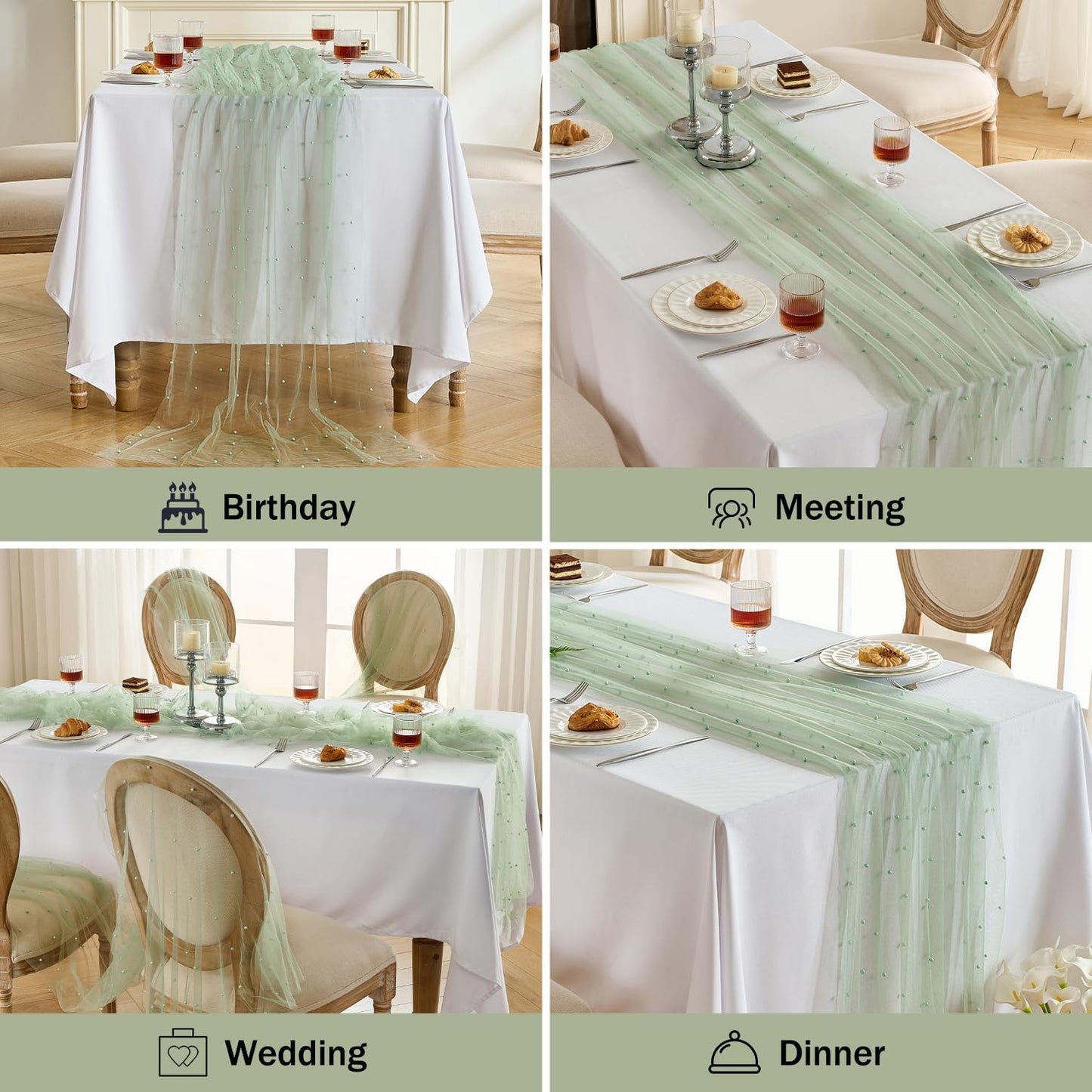 Fanami 3 Pack Pearl Table Runner -10FT Sage Green Boho Tulle Table Runners 120 Inches Long Rustic Sheer Lace Fabric Centerpieces for Wedding Arch Birthday Party Bridal Veil Baby Shower Decorations