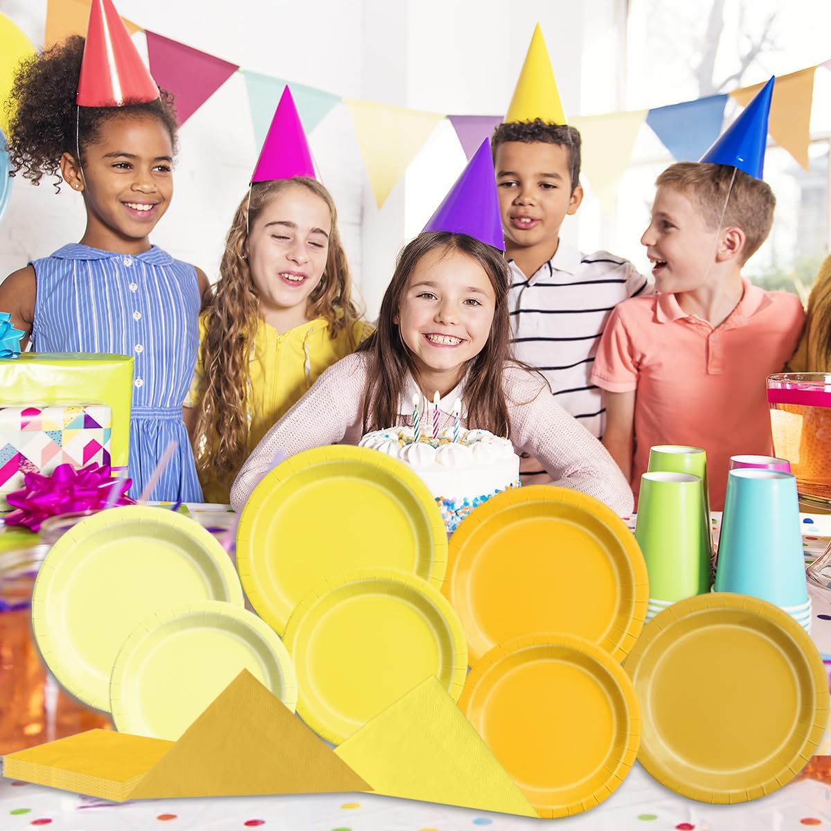 CMUSKO Yellow Birthday Decorations - 60pcs Light Yellow Plates and Napkin Gradient Disposable Tableware for Birthday,Baby Shower,Wedding