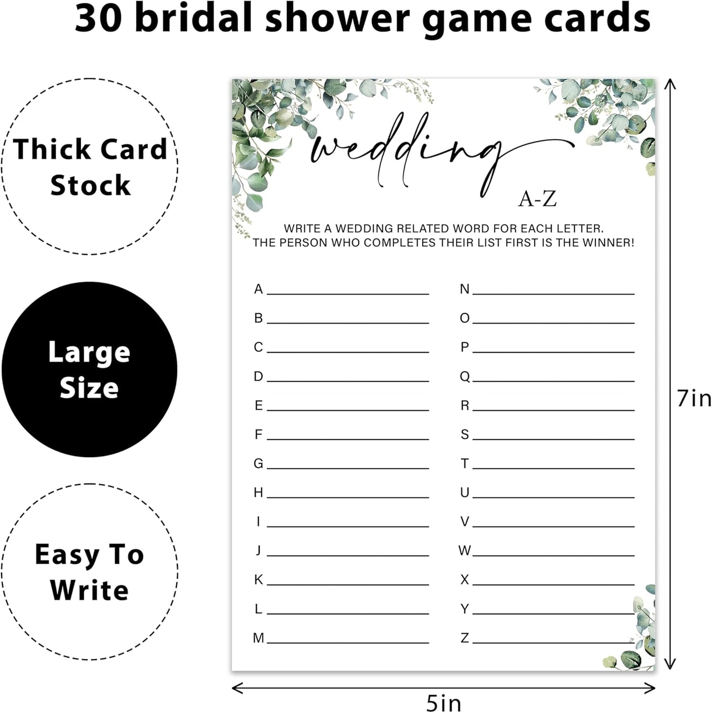 Eucalyptus Bridal Shower Game Cards - Wedding A-Z Games, Engagement Bachelorette Party Bridal Shower Games for 30 Guests, Double Sided Cards Set of 30, Activity Supplies & Favor/A06