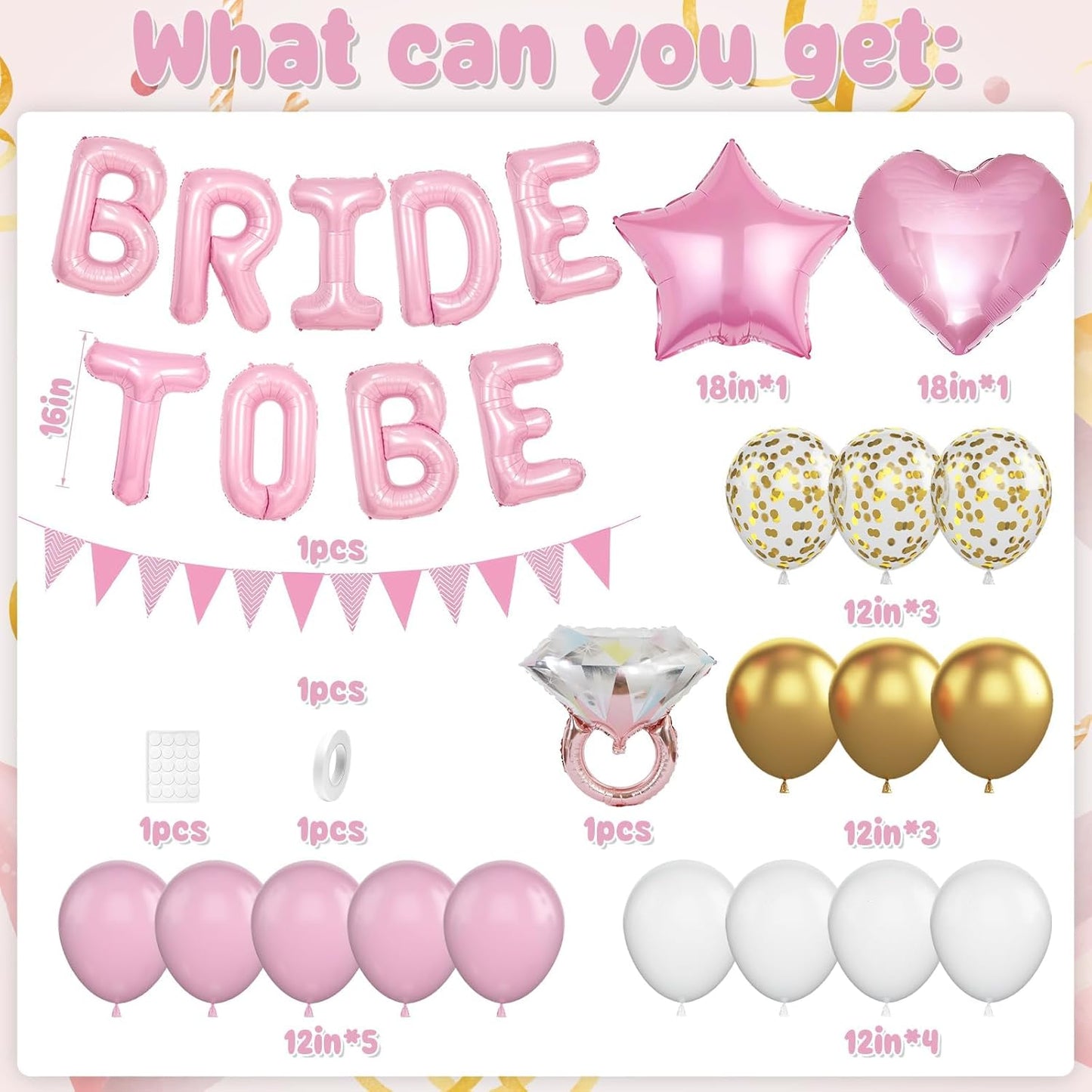 Pink and Gold Bachelorette Party Decorations, Pink Bride To Be Bridal Shower Balloons Decorations, Pink Gold Confetti Balloons with Diamond Ring Star Heart Balloon for Bachelorette Engagement Wedding