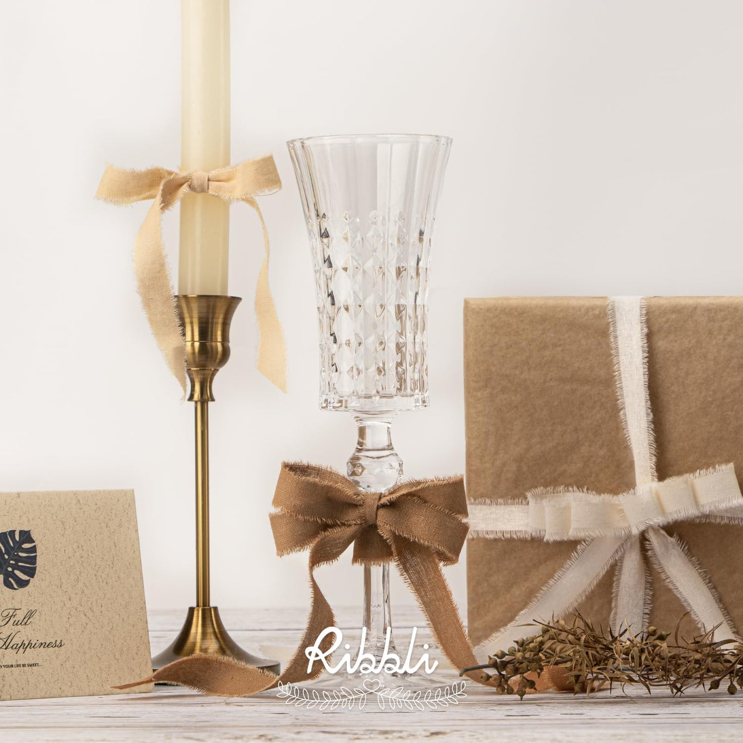 Ribbli 3 Rolls Beige Ribbon 5/8 Inch x 18Yards Ivory Nude Khaki Handmade Cotton Frayed Fringe Ribbons for Gift Wrapping Wedding Invites Bridal Bouquets Baby Shower DIY Crafts Home Decor