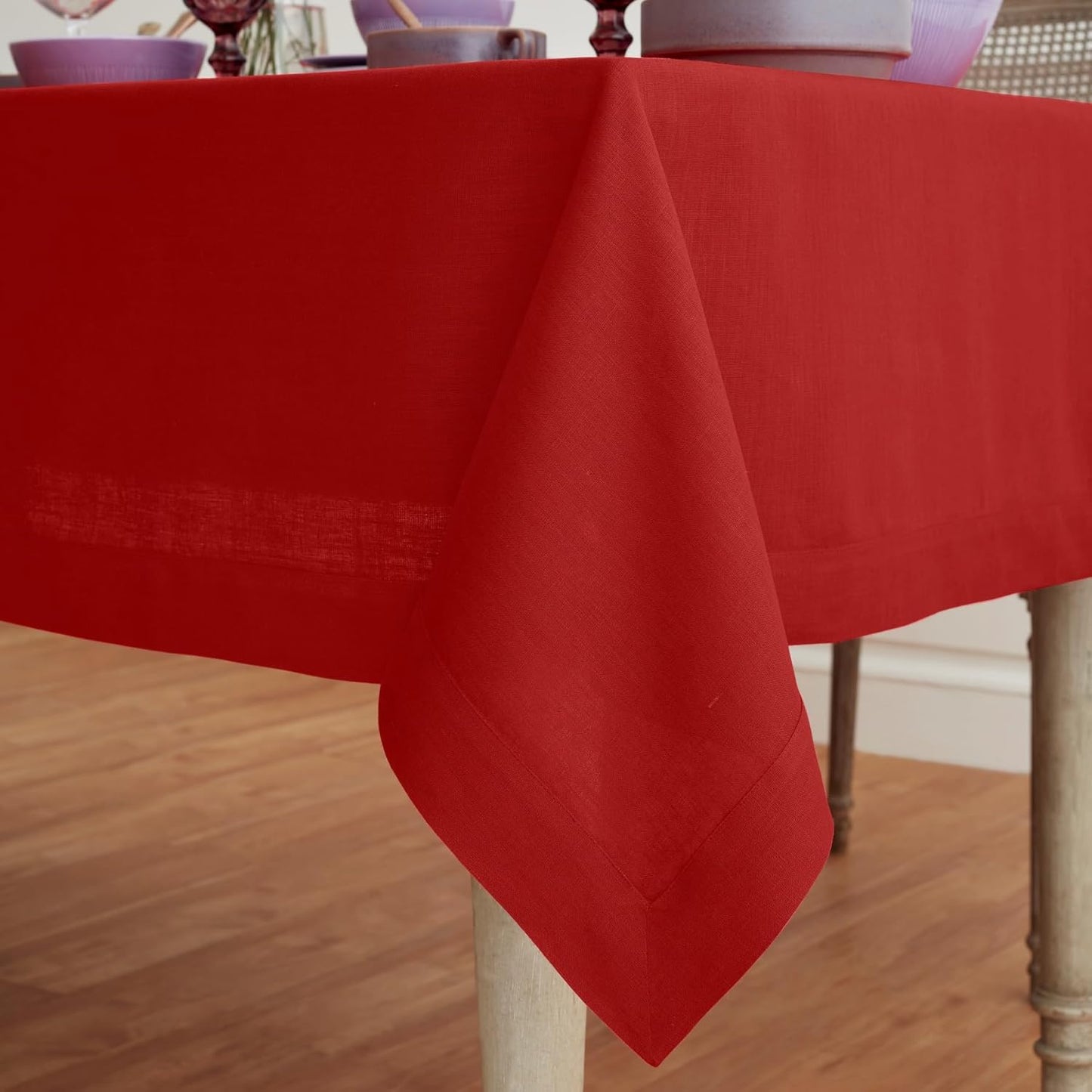 Solino Home Linen Red Tablecloth 60 x 102 Inch - 100% Pure Linen Rectangular Tablecloth - Machine Washable Table Cloth for Christmas, Holiday - Fete