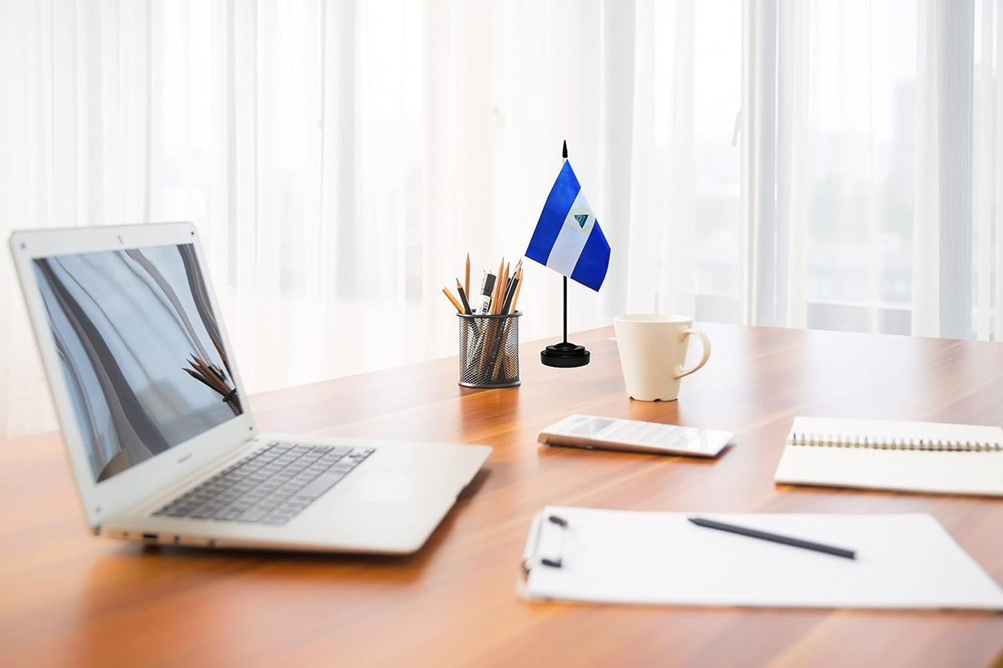Nicaragua Nicaraguan Deluxe Desk Flag Set Small Mini Miniature Nicaragua Nicaraguan Table Desktop Flags With Solid Pole, Black Base and Spear Top(2 Pack)