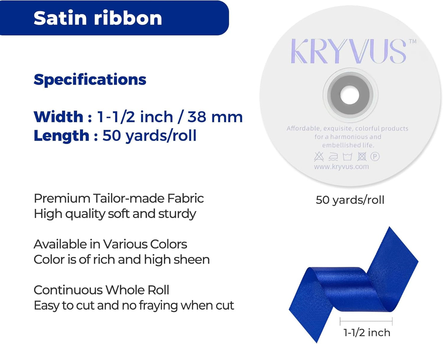 Royal Blue Satin Ribbon 1-1/2 inch X Continuous 50 Yards, Single Face Polyester Ribbon Perfect for Gift Wrapping, Flower Bouquet, Wedding Decor, Crafts, Bow Making, Sewing and More