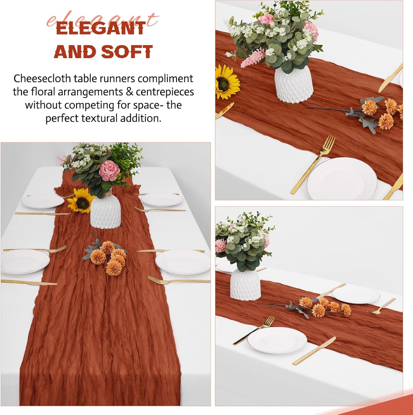 Aktor 12 Pack Terracotta Table Runner Boho Cheesecloth Table Runner Semi Sheer Gauze Fabric Runners for Wedding Birthday Baby Shower Party Boho Table Decoration（Terracotta）
