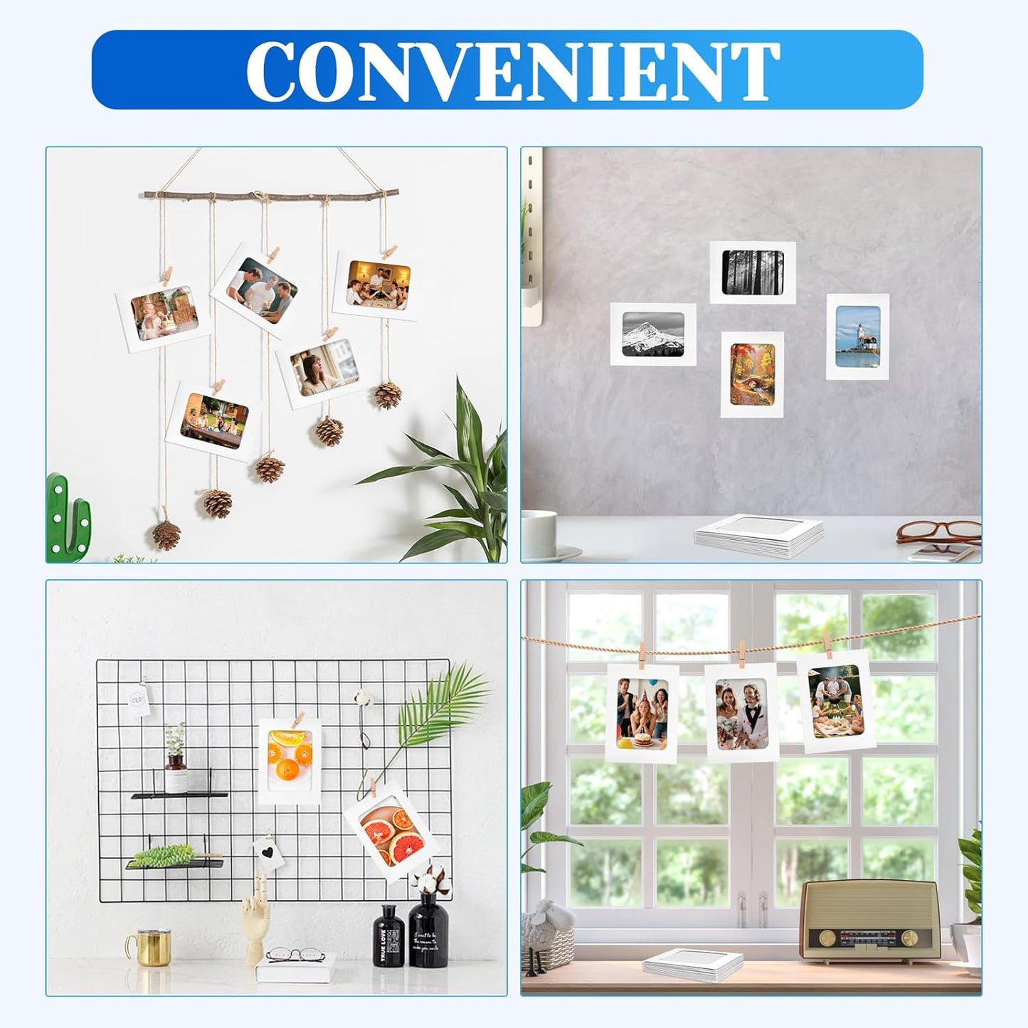 100 Pack Paper Picture Frames, 4x6 Inch Photo Strip Frame Hanging Photo Display Banner, White Photo Holder with Wooden Clips and String for Wall Decor and Party Supplies