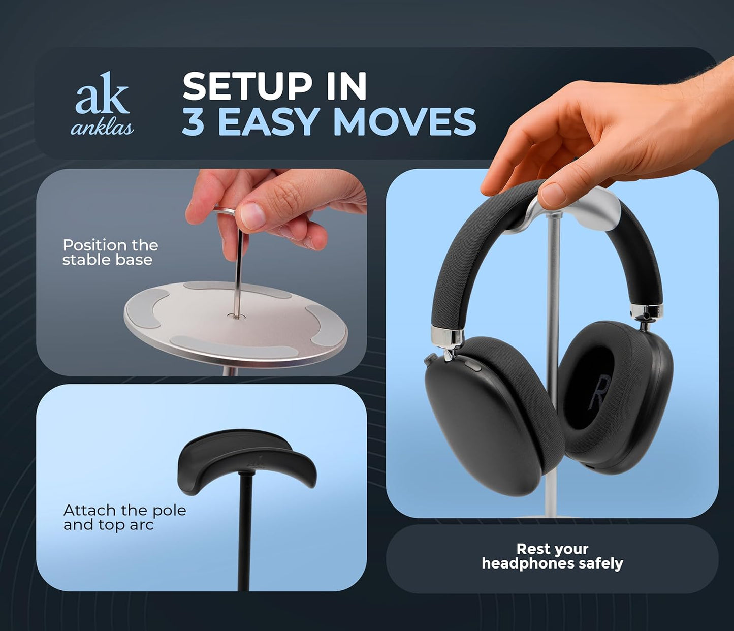 Headphone Stand for Desk – Premium & Minimalist Headset Holder with Round or Oval Base for Gaming, Office & Home (Silver, Standard)