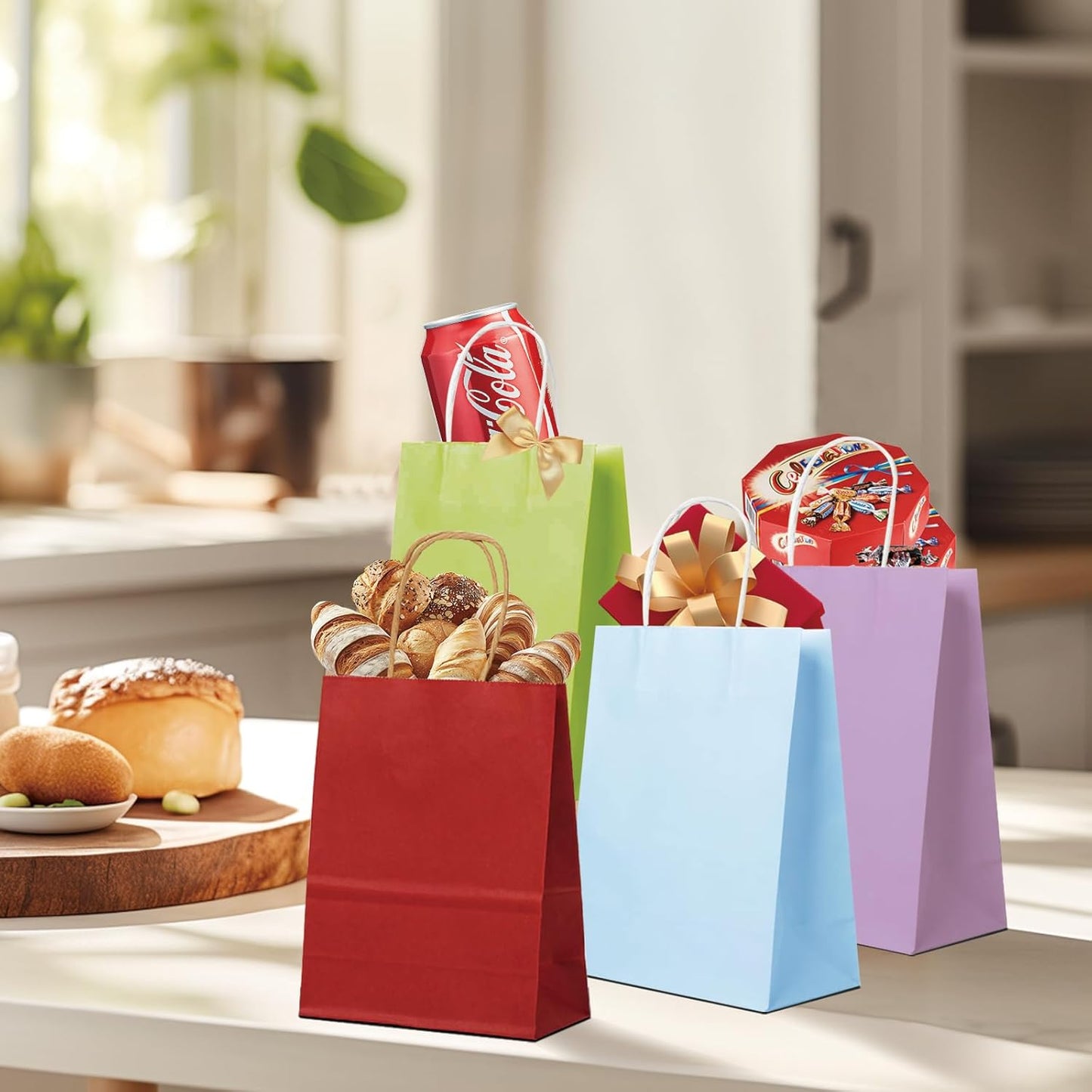 BAG BOX 100 Pack Small 5.9x3.1x8.25Inch Blue Kraft Paper Gift Bags with Handles for Bulk Shopping, Retail, Craft, Party Favors, Wedding, Grocery & Sacks