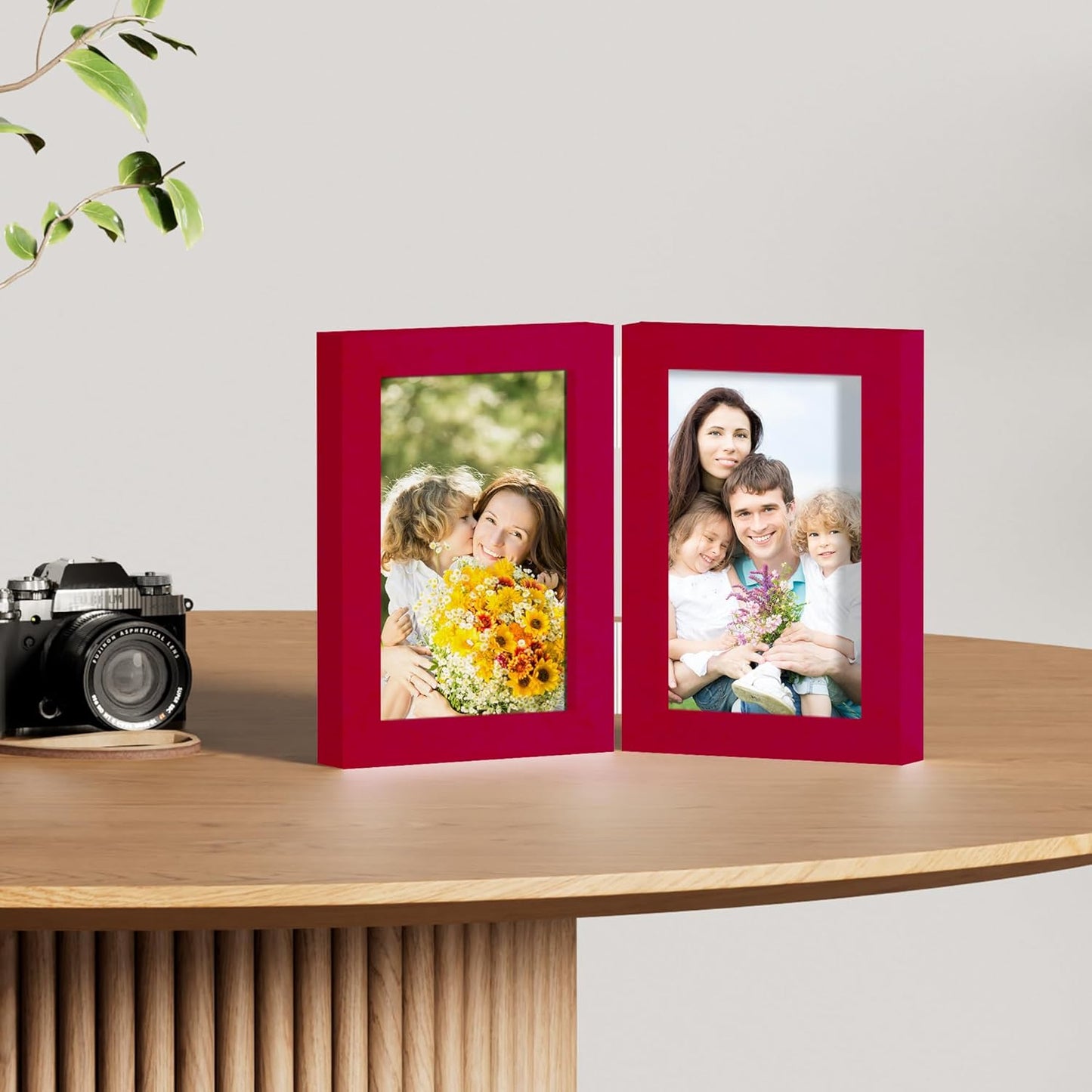 decorUhome Double 4x6 Picture Frame Vertical, Engineered Wood Bifold Photo Frame with Plexiglass for Tabletop Display, 4x6, Red