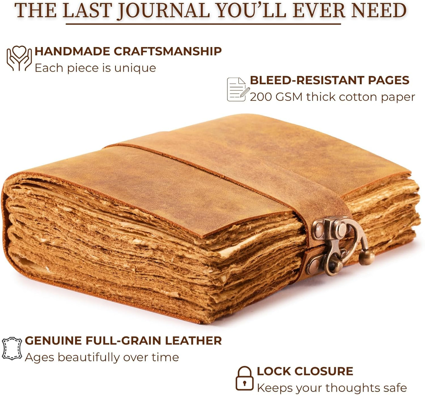 NomadCraftsCo. Vintage Leather Journal - Lock Closure, Book of Shadows, Grimoire, Witch Journal, 240 pages Antique Deckle Edge Paper