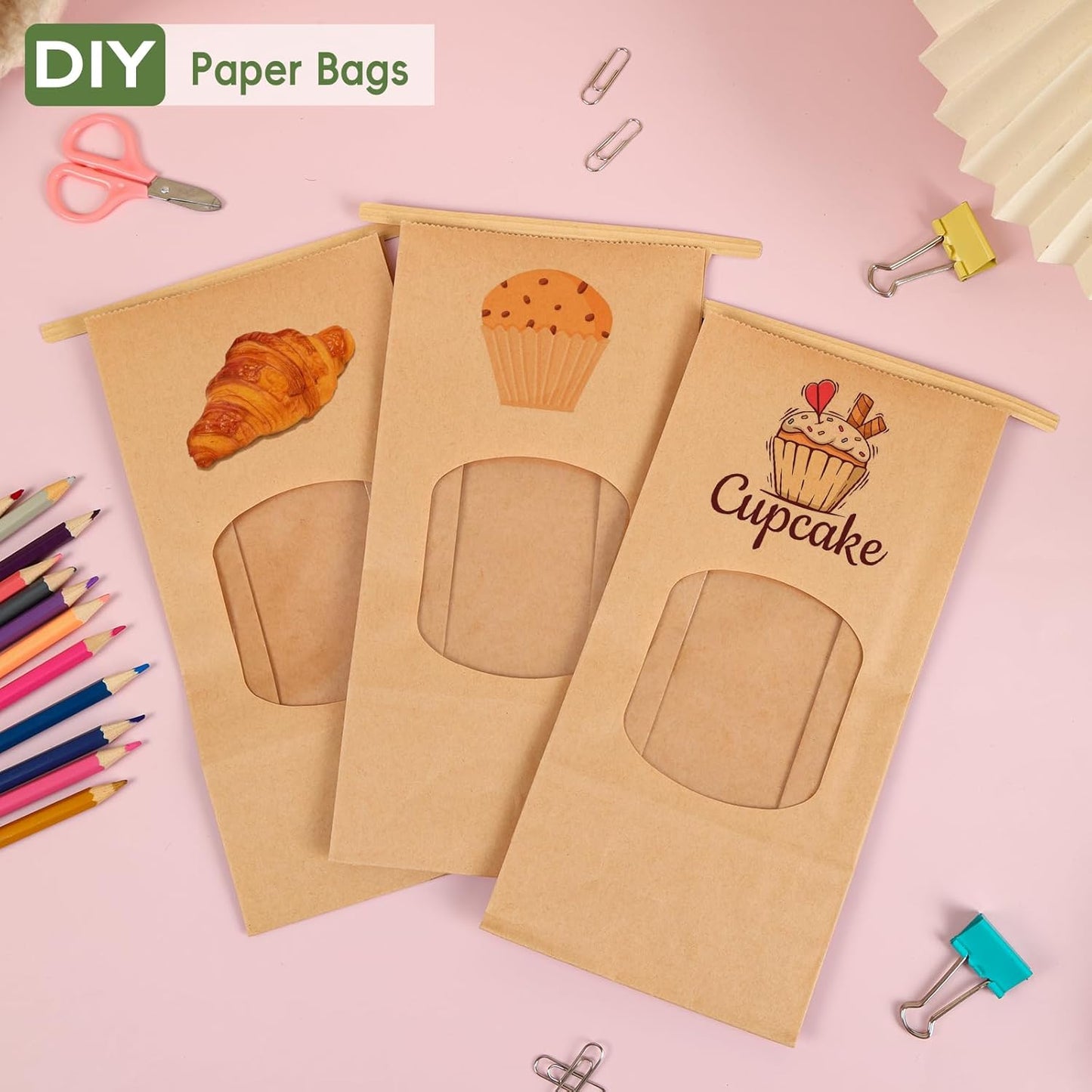 Moretoes 100pcs Medium Bakery Cookie Bags with Window, 4.5x2.36x9.6in Tin Tie Tab Kraft Paper Bags for Cookie Coffee Bread Bakery Packing