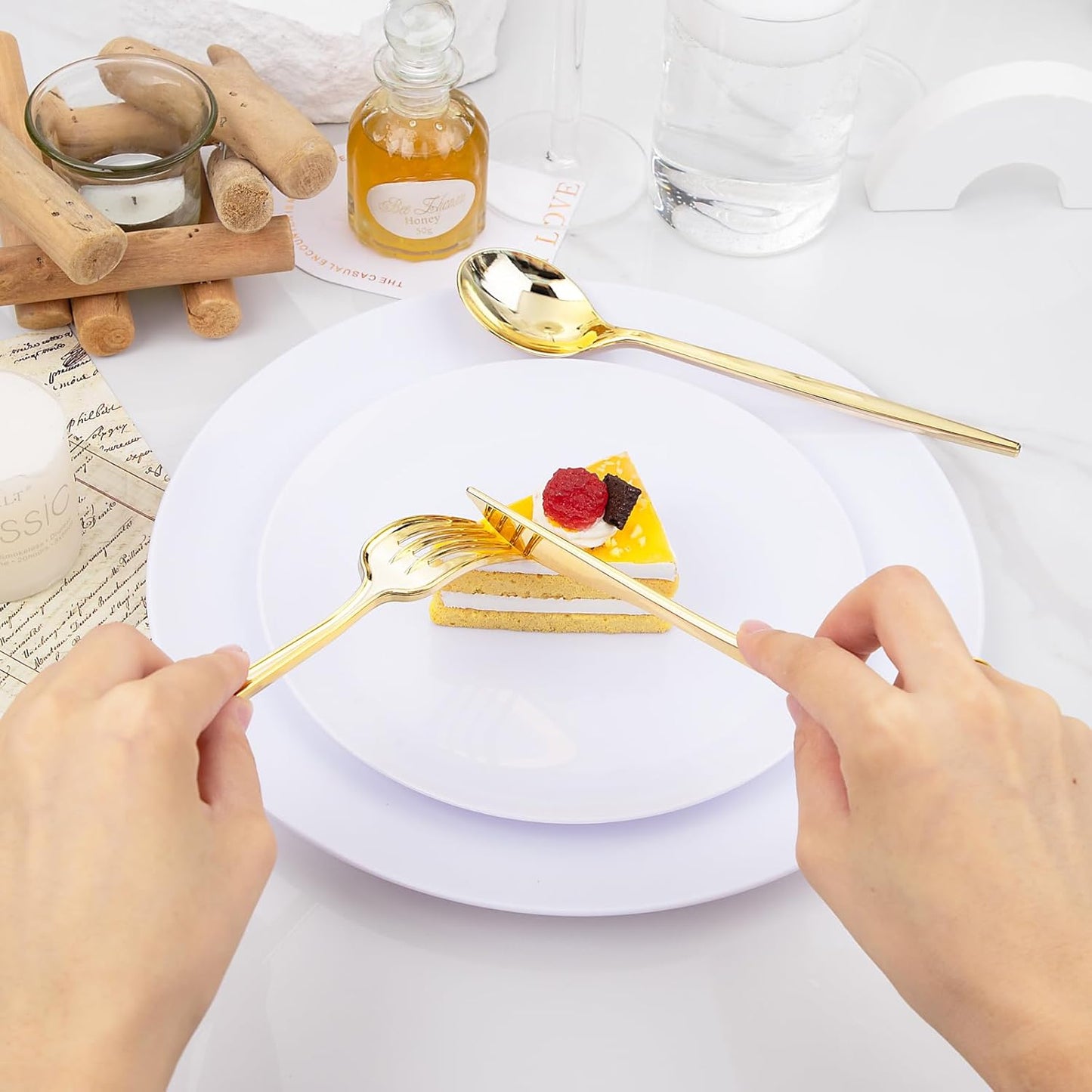 PULOTE 150PCS Gold Plastic Silverware Disposable - Heavy Duty Gold Plastic Cutlery - Gold Plastic Utensils Set Include 50 Knives,50 Forks,50 Spoons for Party&Wedding