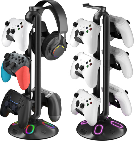 Gaming RGB Headphone Stand, Controller Holder with 9 Light Modes and 2 USB Charging Ports and 3.5mm & Type-C - Controller Stand Hanger Accessories for Desk and Gamer(Black) A
