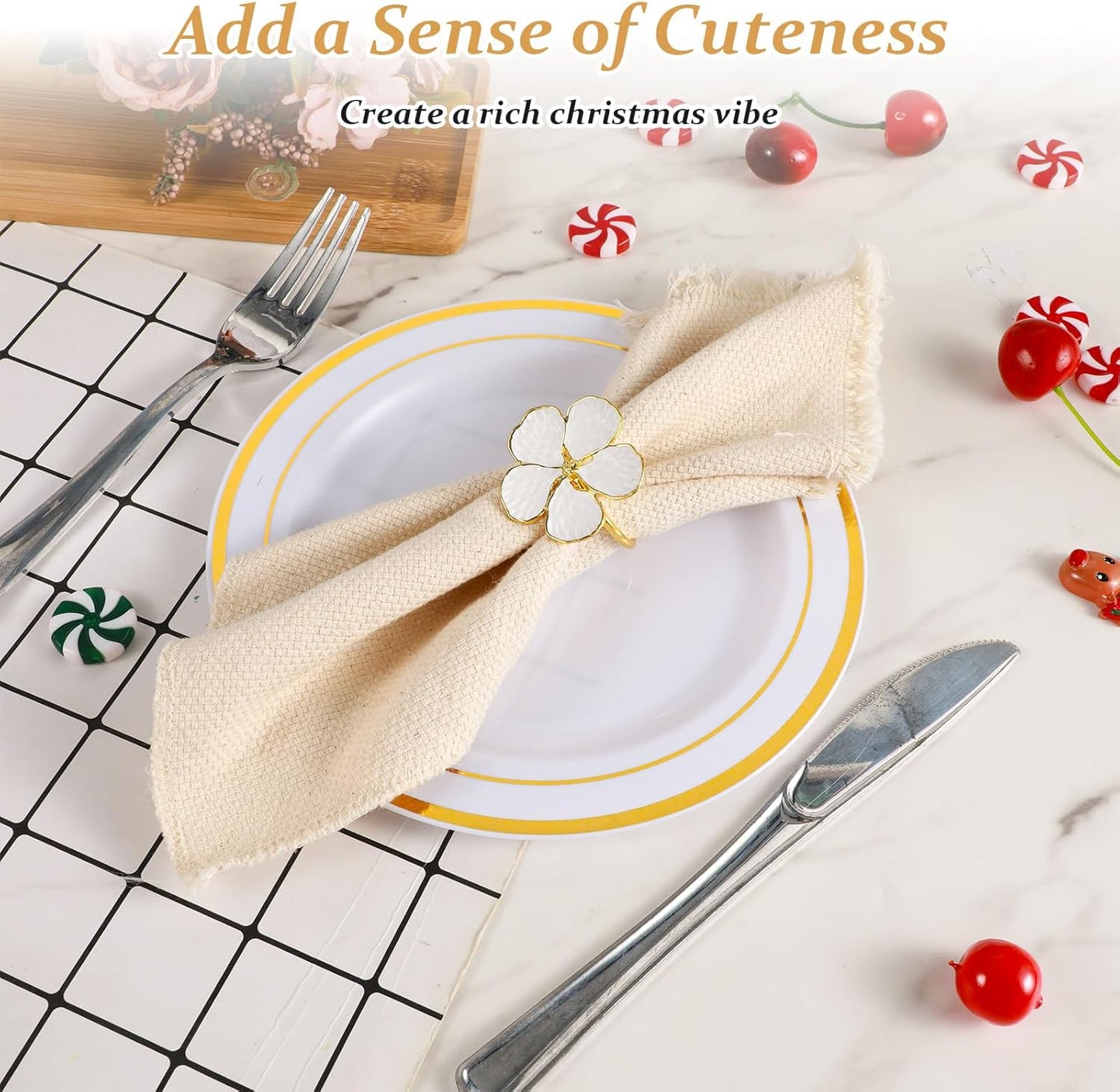 10 Pack White Floral Napkin Rings, 1.6x1.65 inch Elegant Metal Holders Ornament Table Setting Decoration for Wedding, Holiday, Party