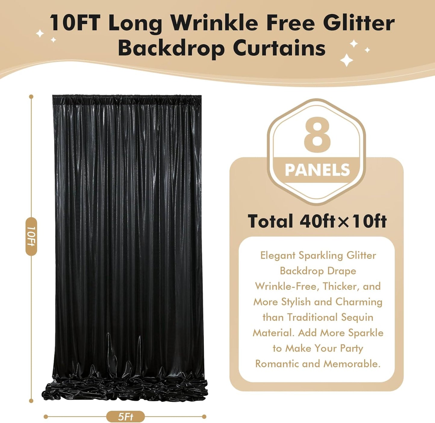 leegleri 40ftx10 ft Black Glitter Sequin Backdrop Curtain for Parties, Wrinkle Free Sparking Backdrop Drapes, 8 Panels 5x10ft Shimmer Photo Back Drop Cloth for Wedding Birthday Photography Background