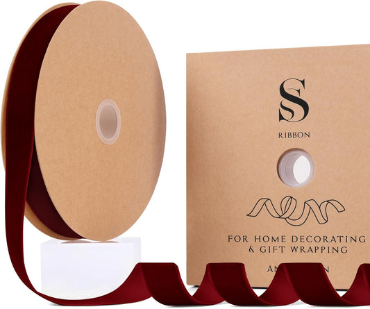 Burgundy Christmas Velvet Ribbon for Tree, Gift Wrapping, Flower Bouquet, Wreath Decorations, Bow Making 1'', 25 Yards