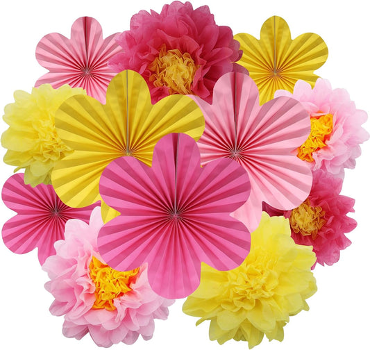 BestoFun 12PCS Paper Flowers Fans Hot Pink Yellow Party Decorations Tissue Paper Flowers Decorations for Girl Groovy Birthday Baby Shower Wedding Bachelorette Room Wall Hanging Décor