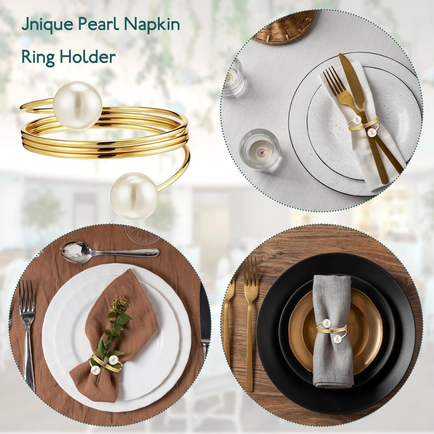 Elegant Pearl Napkin Rings, 50 Pcs Stylish Gold Napkin Ring, Delicate White&Gold Beaded Serviette Buckles for Wedding Thanksgiving Christmas Family Gathering Birthday Banquet Party Table Supplies