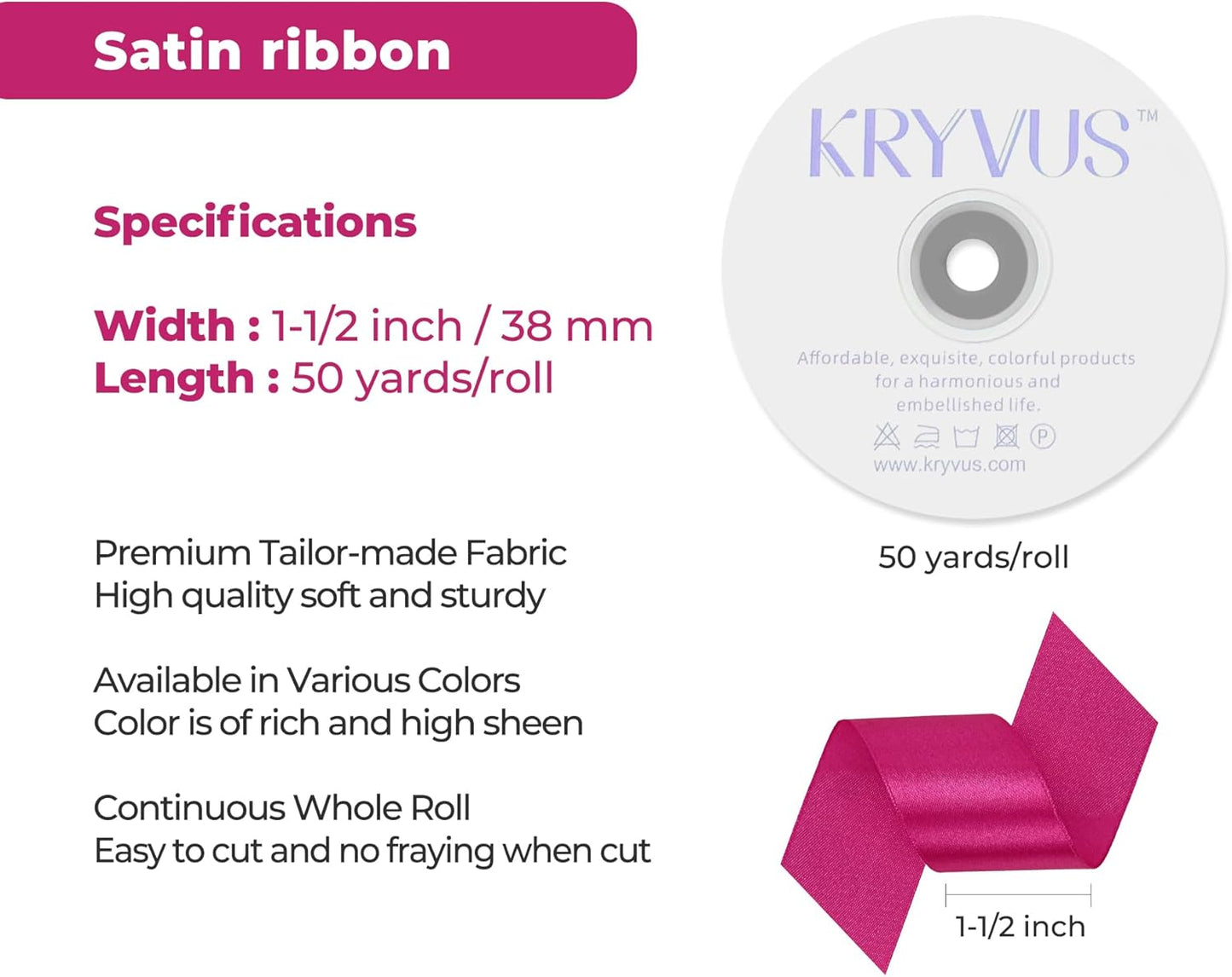 Rose Red Satin Ribbon 1-1/2 inch X Continuous 50 Yards, Single Face Polyester Ribbon Perfect for Gift Wrapping, Flower Bouquet, Wedding Decor, Crafts, Bow Making, Sewing and More