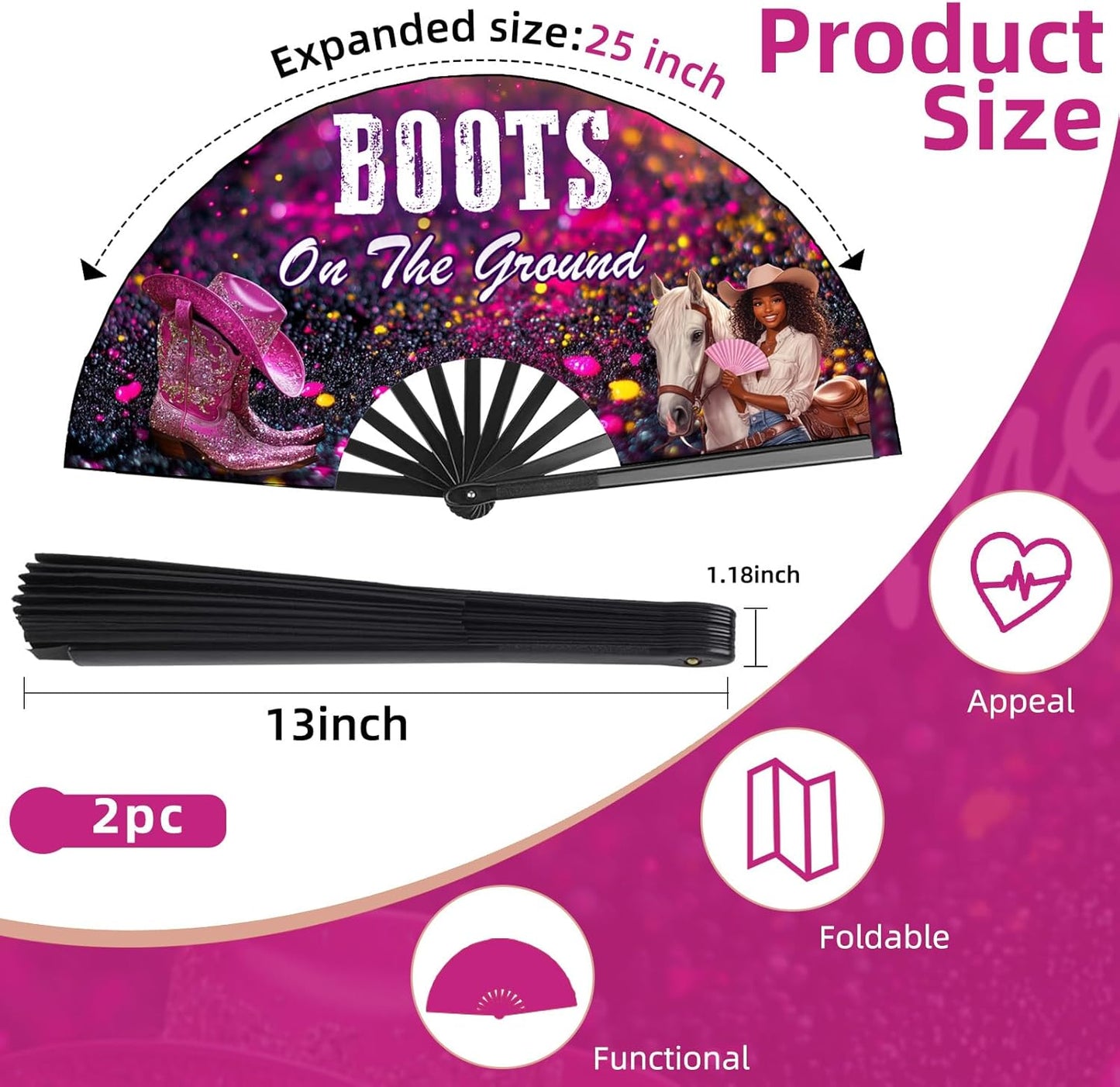 Boots on The Ground Hand Fan,2 Pack Clacking Fans for Line Dancing Folding Hand Classic,13'' Large Where Them Fans at Line Dance Popping Fan for Dance,Festival,Performance,Party