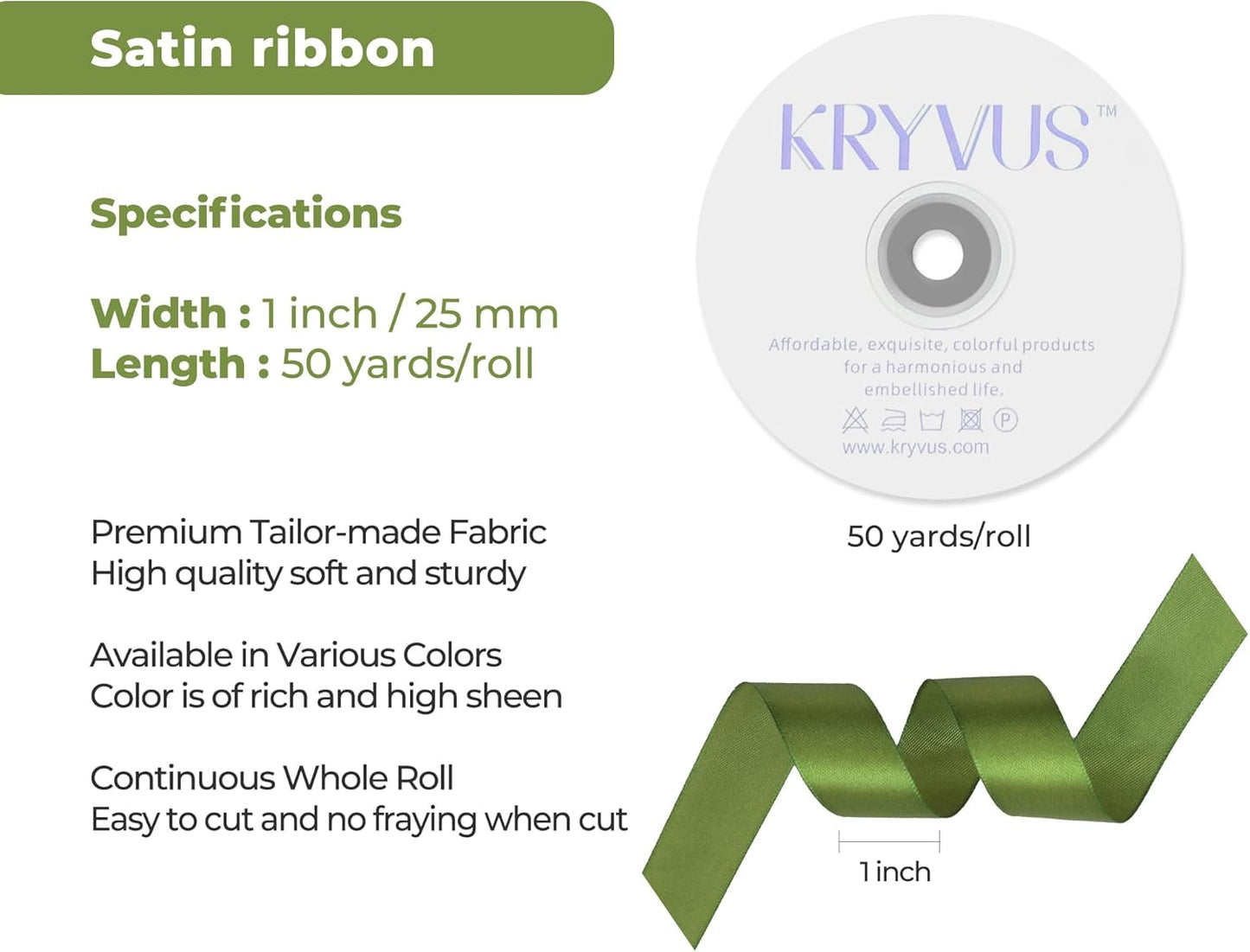 Olive Green Satin Ribbon 1 inch X Continuous 50 Yards, Single Face Polyester Ribbon Perfect for Gift Wrapping, Flower Bouquet, Wedding Decor, Crafts, Bow Making, Sewing and More