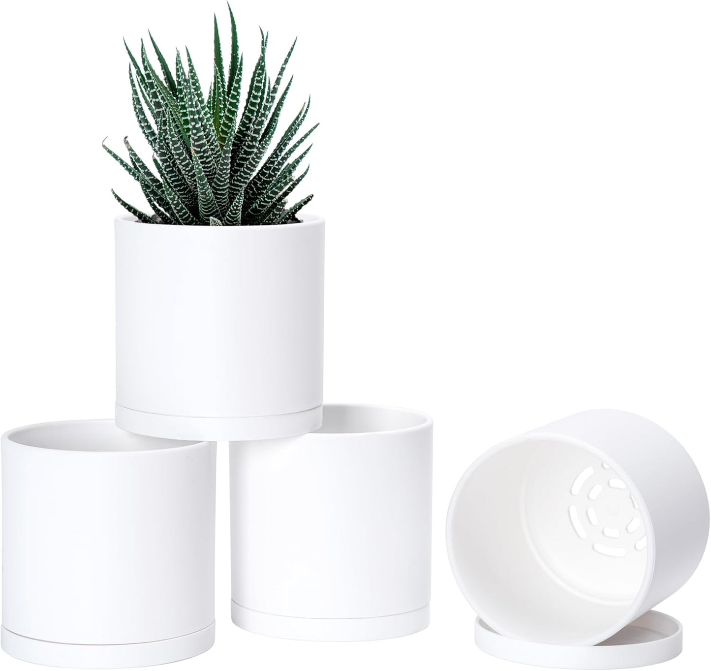 D'vine Dev 4 Pack 4.5 Inch Modern Plastic Plant Pots, Small Garden Planters for Plant with Drainage Holes and Saucers, White Color, 74-Z-F-2